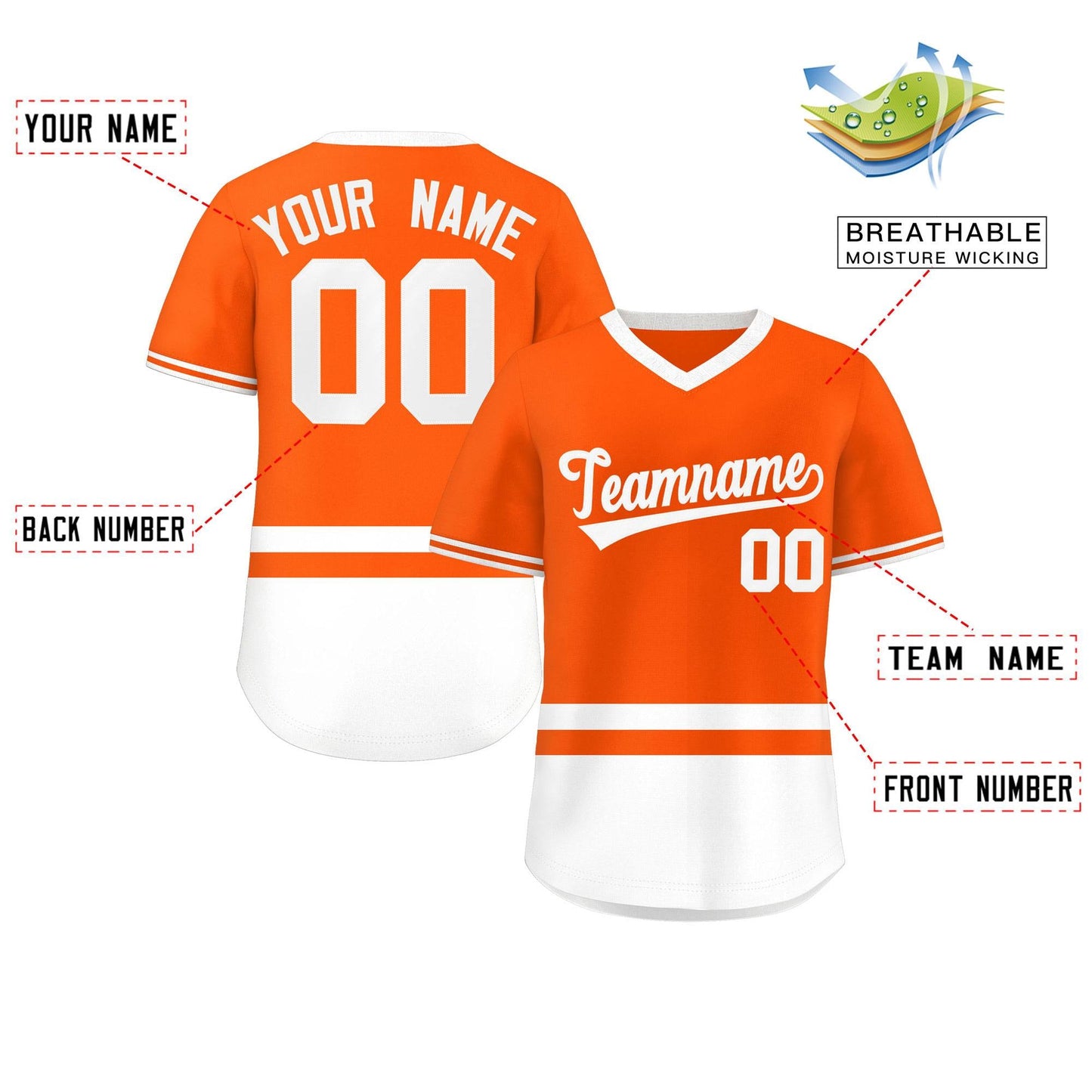 Custom Orange White Color Block Personalized V-Neck Authentic Pullover Baseball Jersey Limited