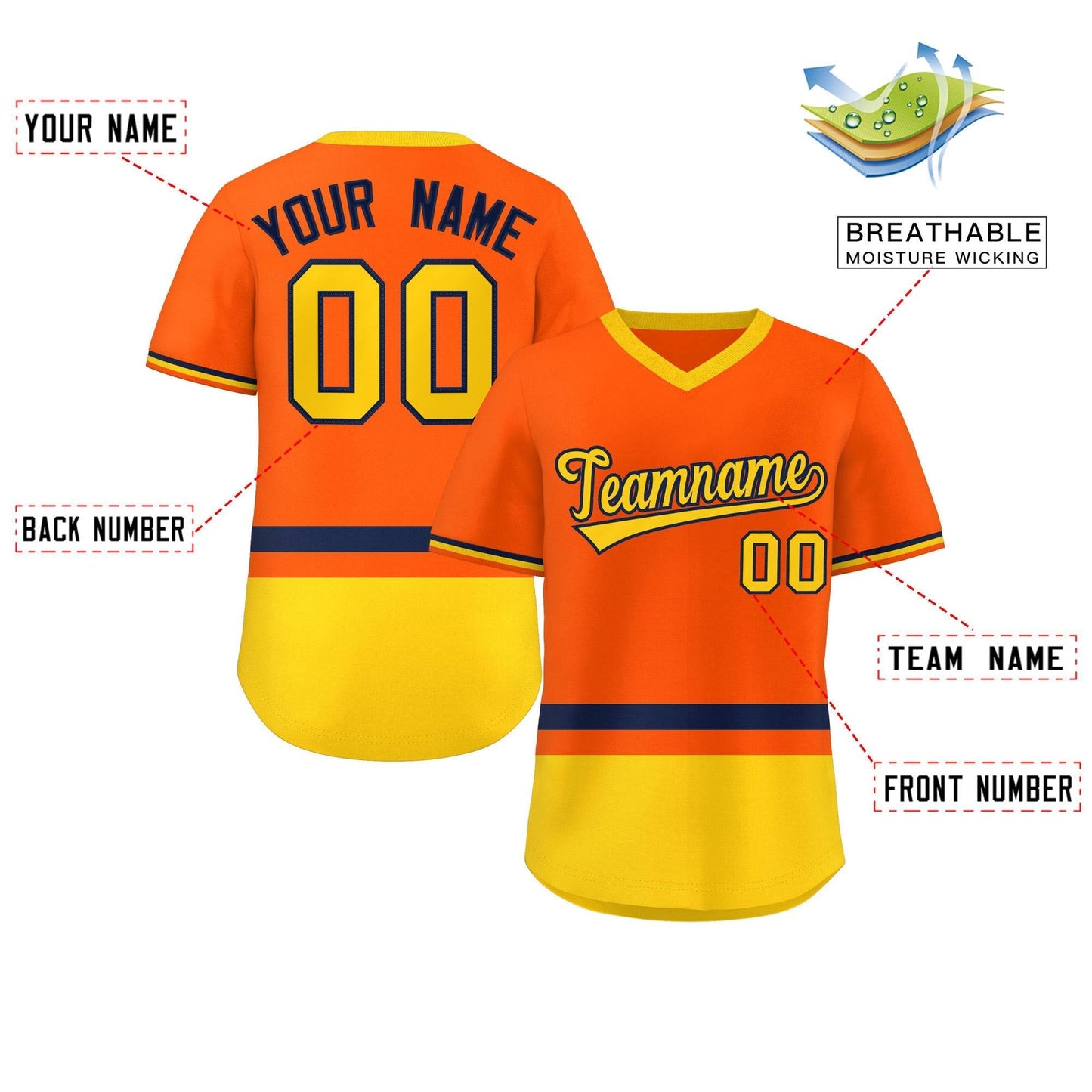 Custom Orange Navy-Gold Color Block Personalized V-Neck Authentic Pullover Baseball Jersey Limited