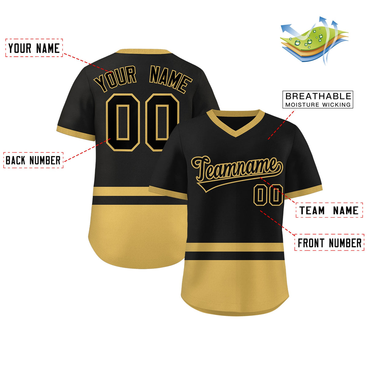 Custom Black Old Gold Color Block Personalized V-Neck Authentic Pullover Baseball Jersey Limited