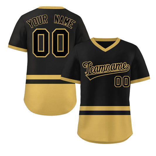 Custom Black Old Gold Color Block Personalized V-Neck Authentic Pullover Baseball Jersey