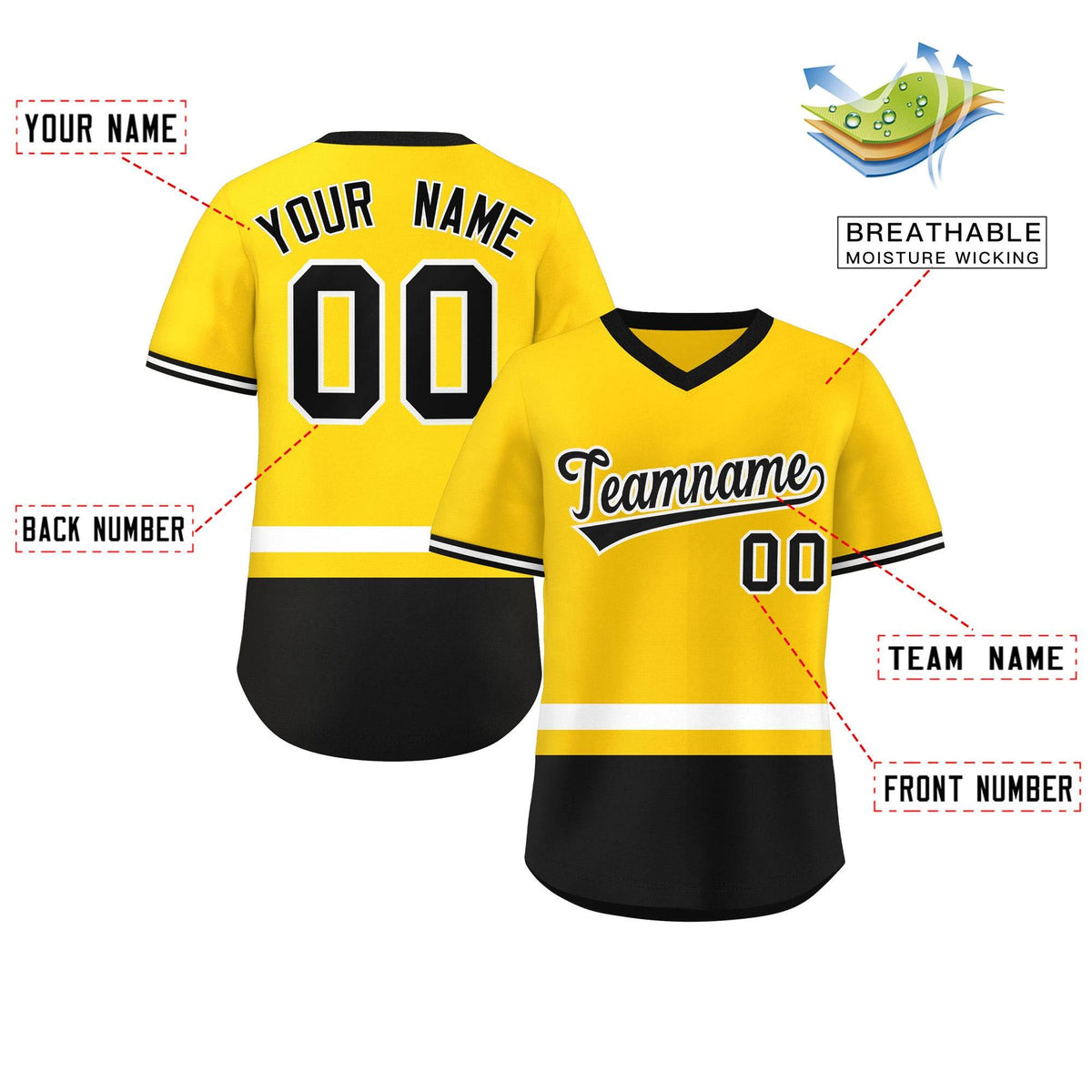 Custom Gold White-Black Color Block Personalized V-Neck Authentic Pullover Baseball Jersey Limited
