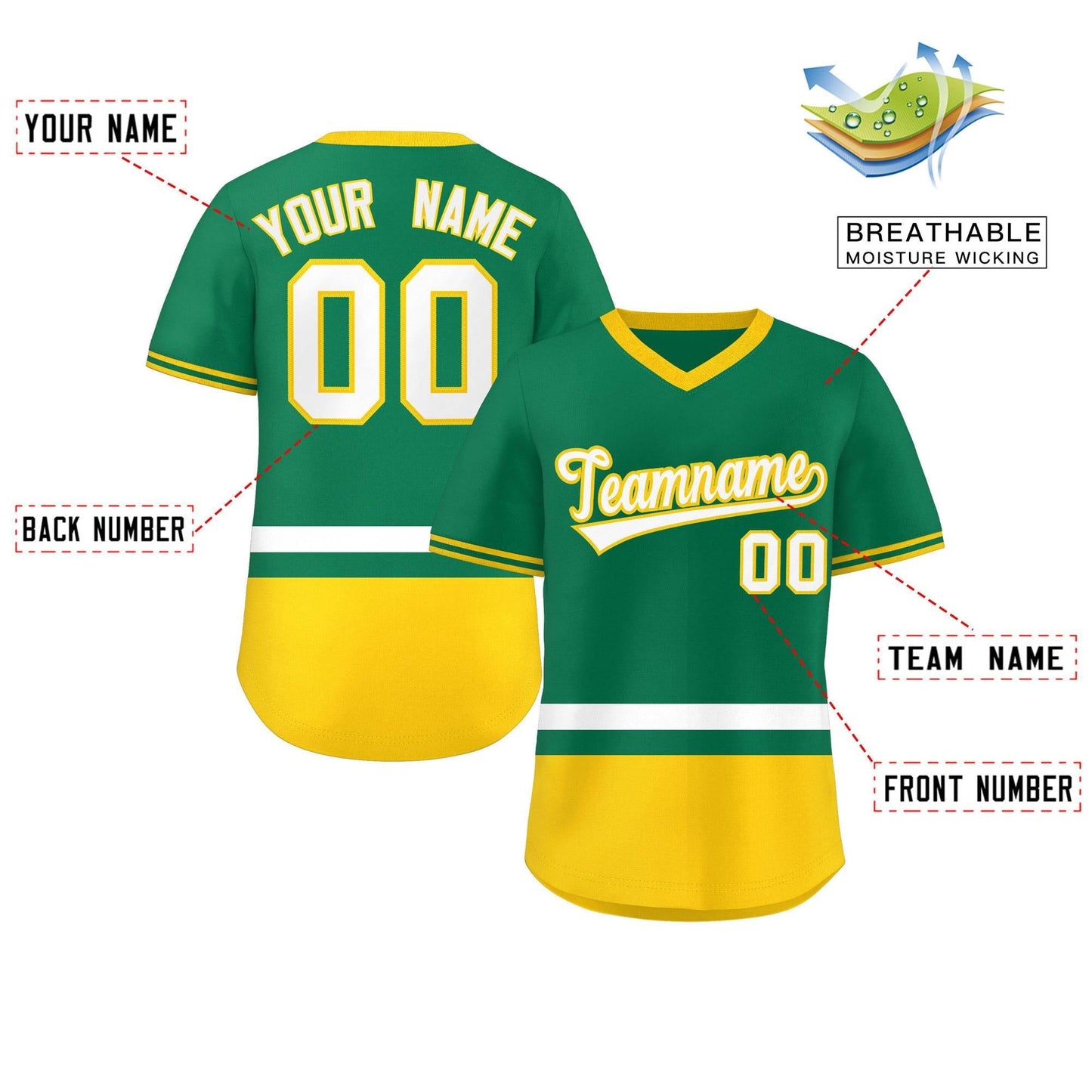 Custom Kelly Green White-Gold Color Block Personalized V-Neck Authentic Pullover Baseball Jersey Limited
