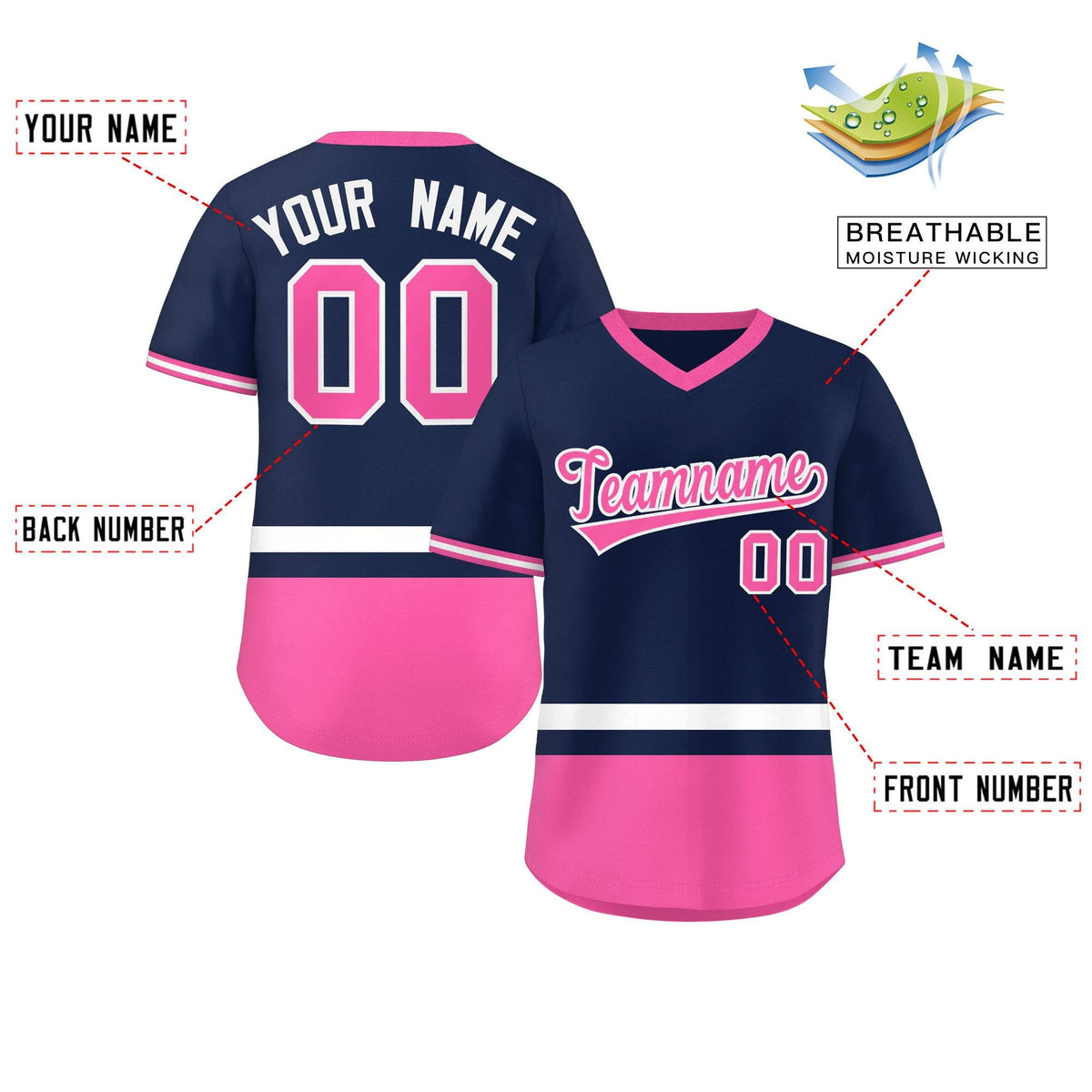 Custom Navy White-Pink Color Block Personalized V-Neck Authentic Pullover Baseball Jersey Limited
