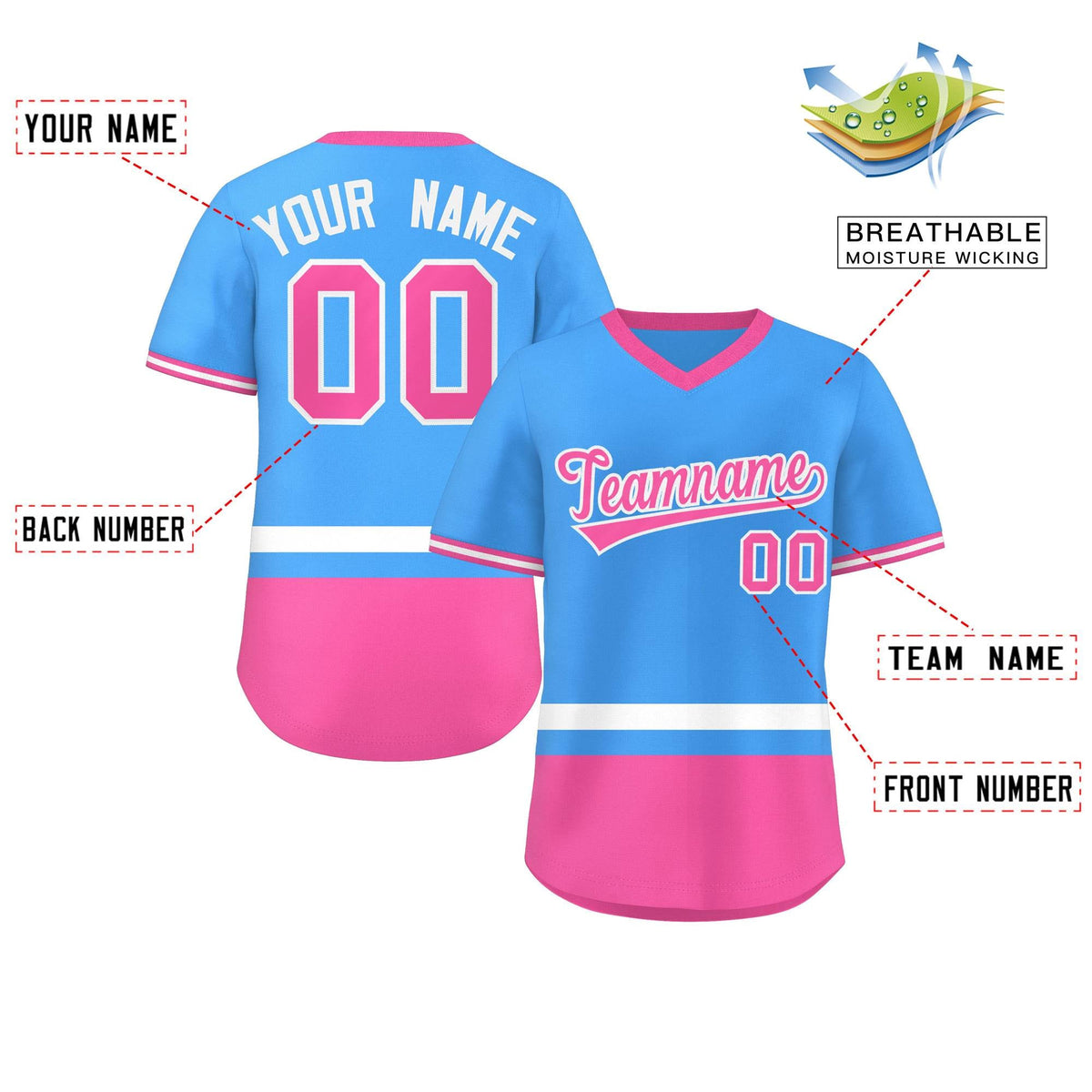 Custom Powder Blue White-Pink Color Block Personalized V-Neck Authentic Pullover Baseball Jersey Limited