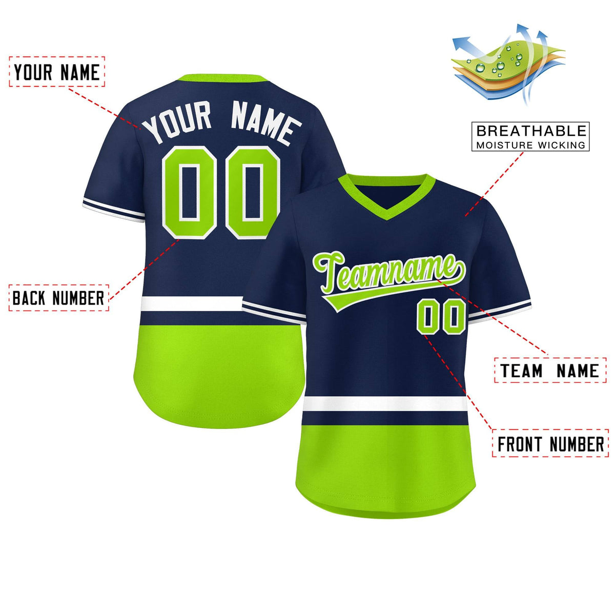 Custom Navy White-Neon Green Color Block Personalized V-Neck Authentic Pullover Baseball Jersey Limited