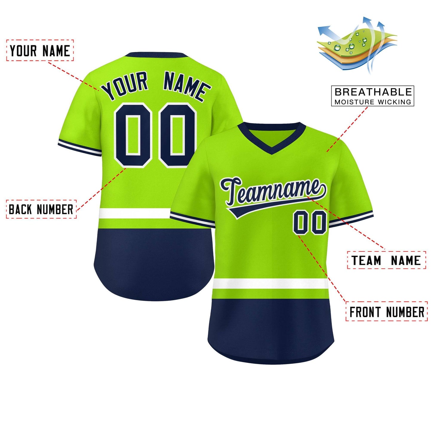 Custom Neon Green White-Navy Color Block Personalized V-Neck Authentic Pullover Baseball Jersey Limited