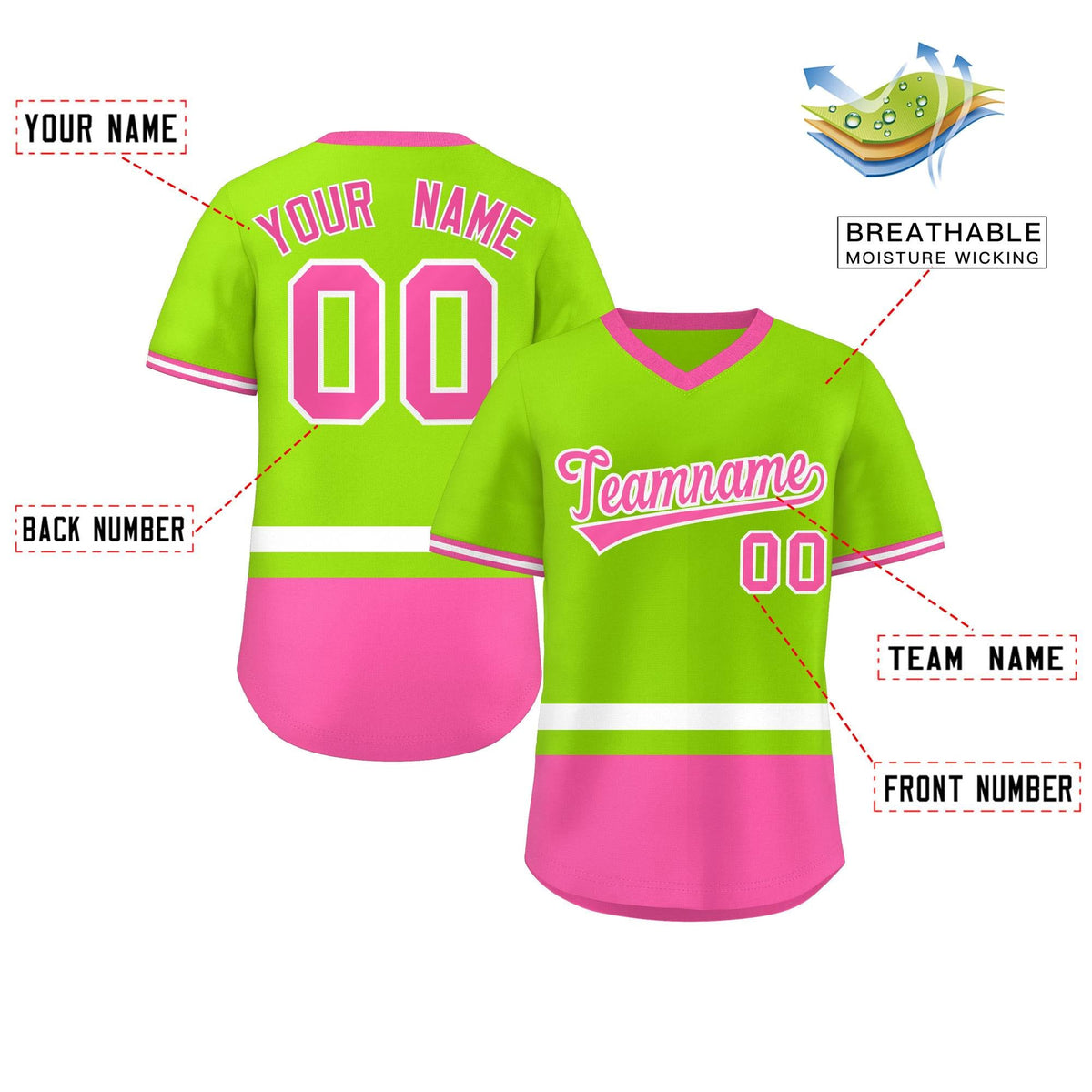 Custom Neon Green White-Pink Color Block Personalized V-Neck Authentic Pullover Baseball Jersey Limited
