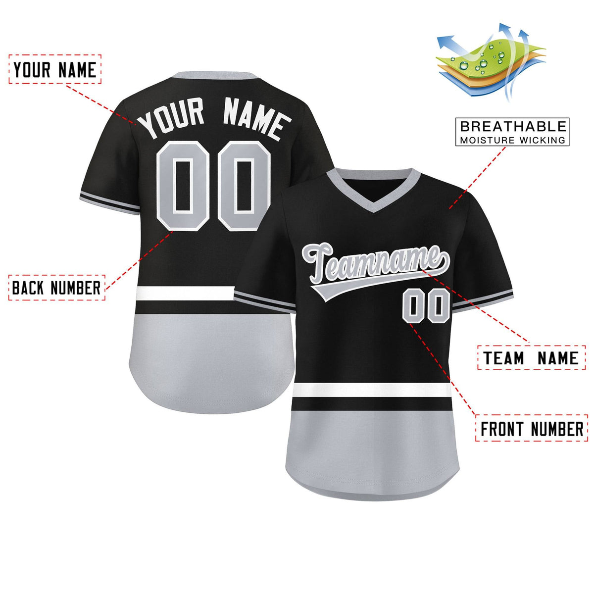 Custom Black White-Gray Color Block Personalized V-Neck Authentic Pullover Baseball Jersey Limited