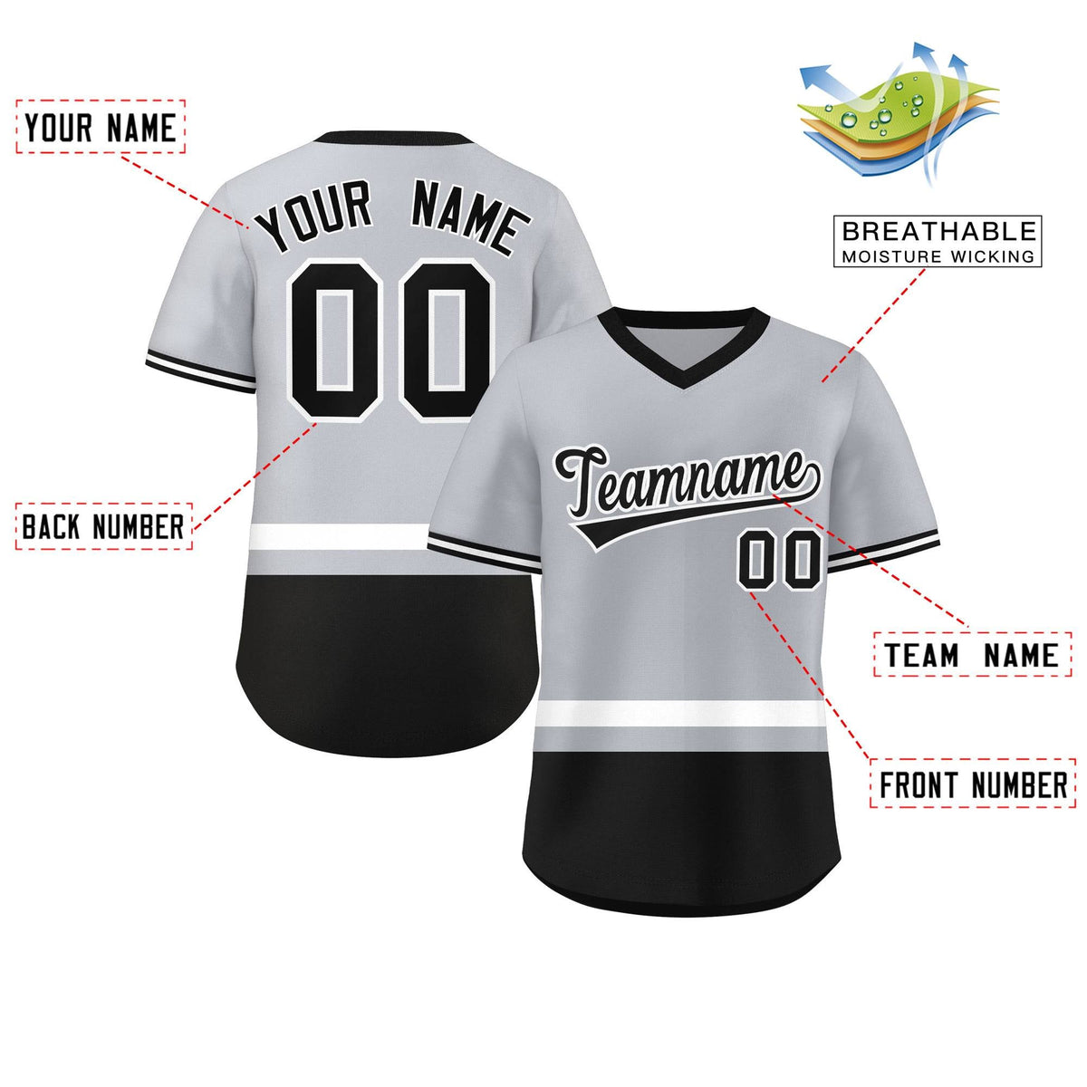 Custom Gray White-Black Color Block Personalized V-Neck Authentic Pullover Baseball Jersey Limited