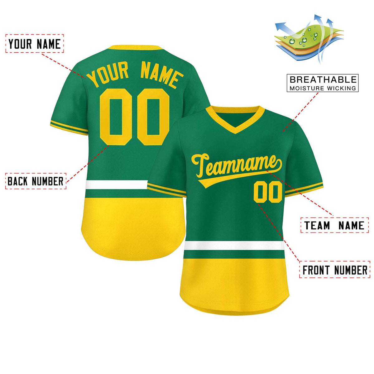 Custom Kelly Green White-Gold Color Block Personalized V-Neck Authentic Pullover Baseball Jersey Limited