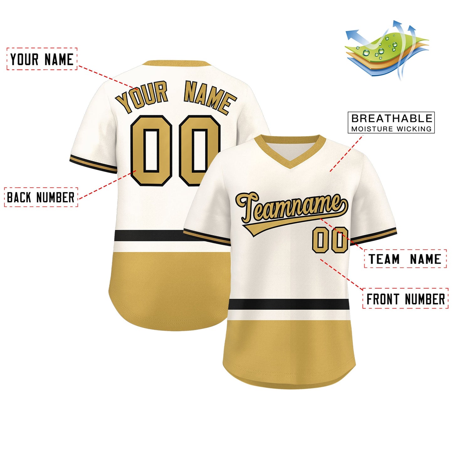 Custom Cream Black-Old Gold Color Block Personalized V-Neck Authentic Pullover Baseball Jersey Limited