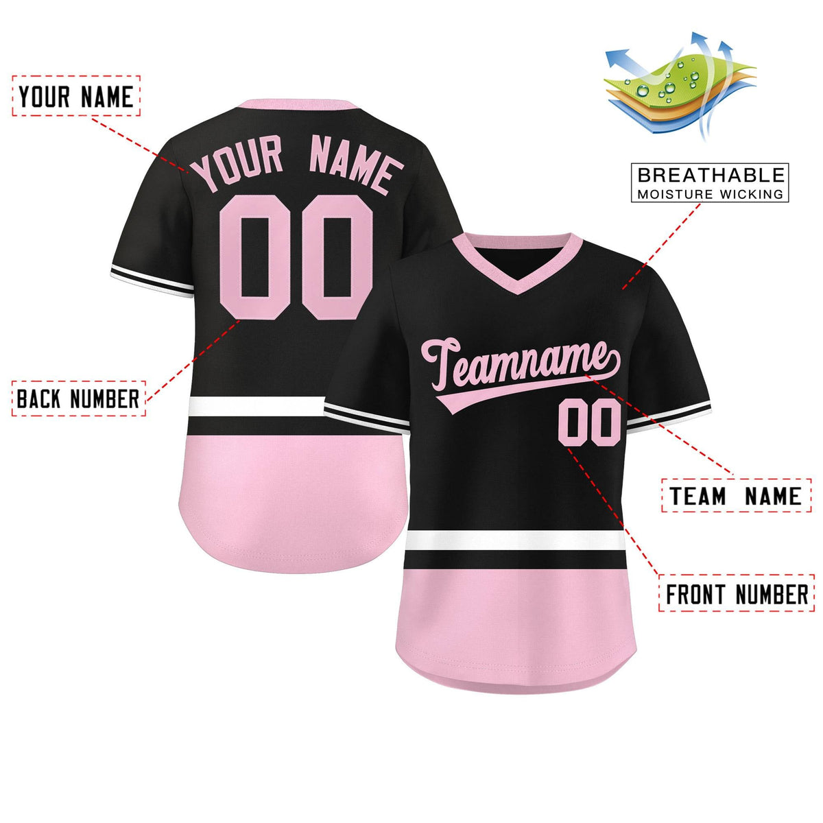 Custom Black White-Light Pink Color Block Personalized V-Neck Authentic Pullover Baseball Jersey Limited