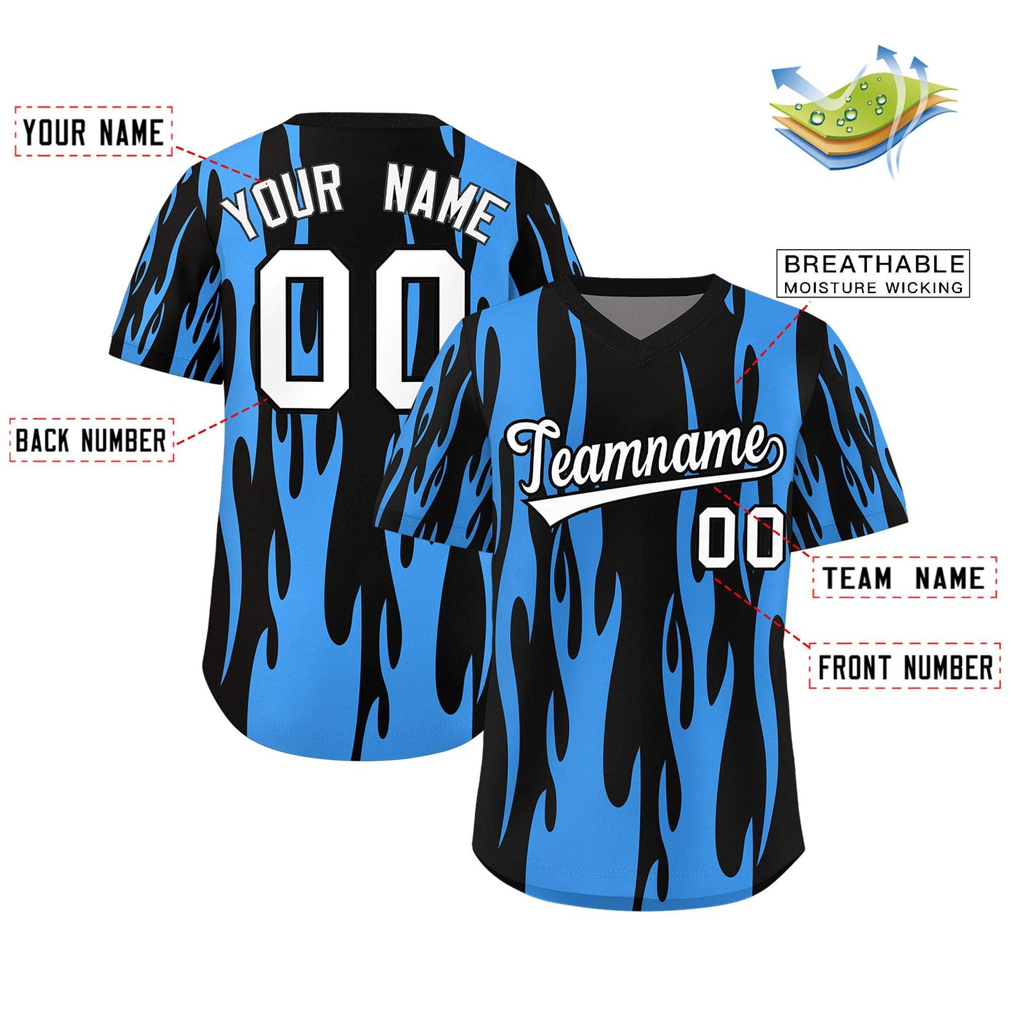 Custom Black Powder Blue Flame Pattern Authentic Pullover Baseball Jersey Limited