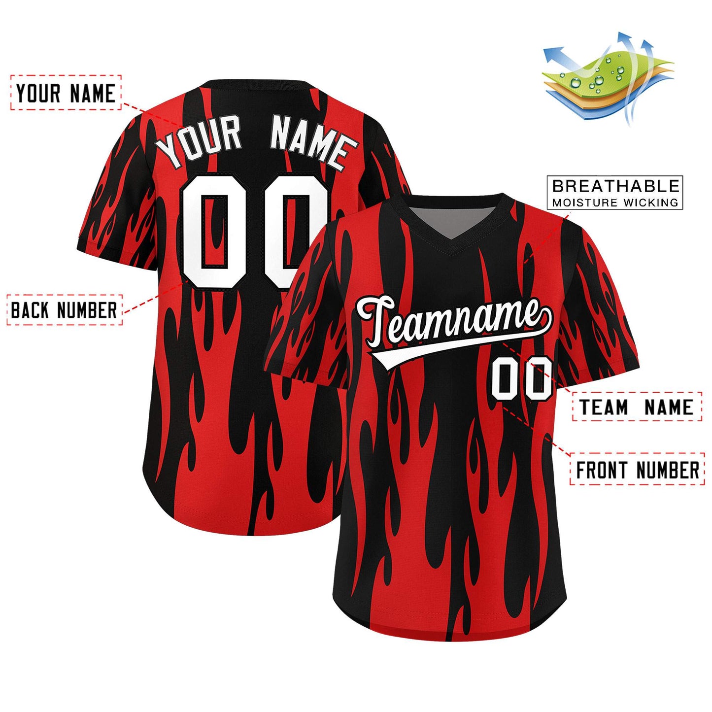 Custom Black Red Flame Pattern Authentic Pullover Baseball Jersey Limited