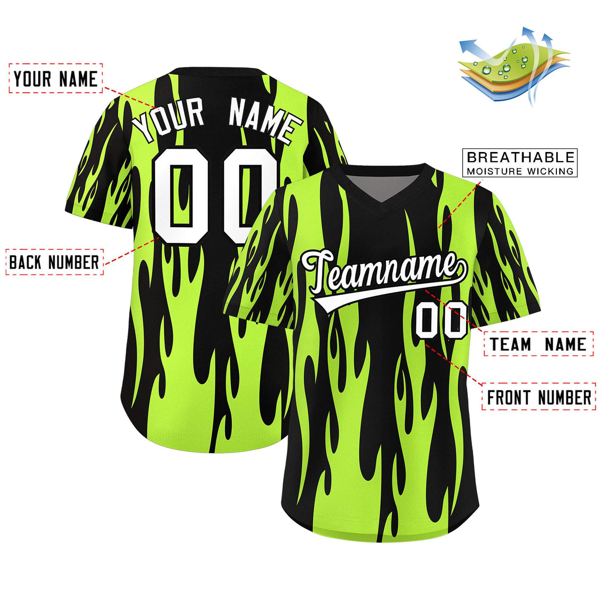 Custom Black Neon Green Flame Pattern Authentic Pullover Baseball Jersey Limited