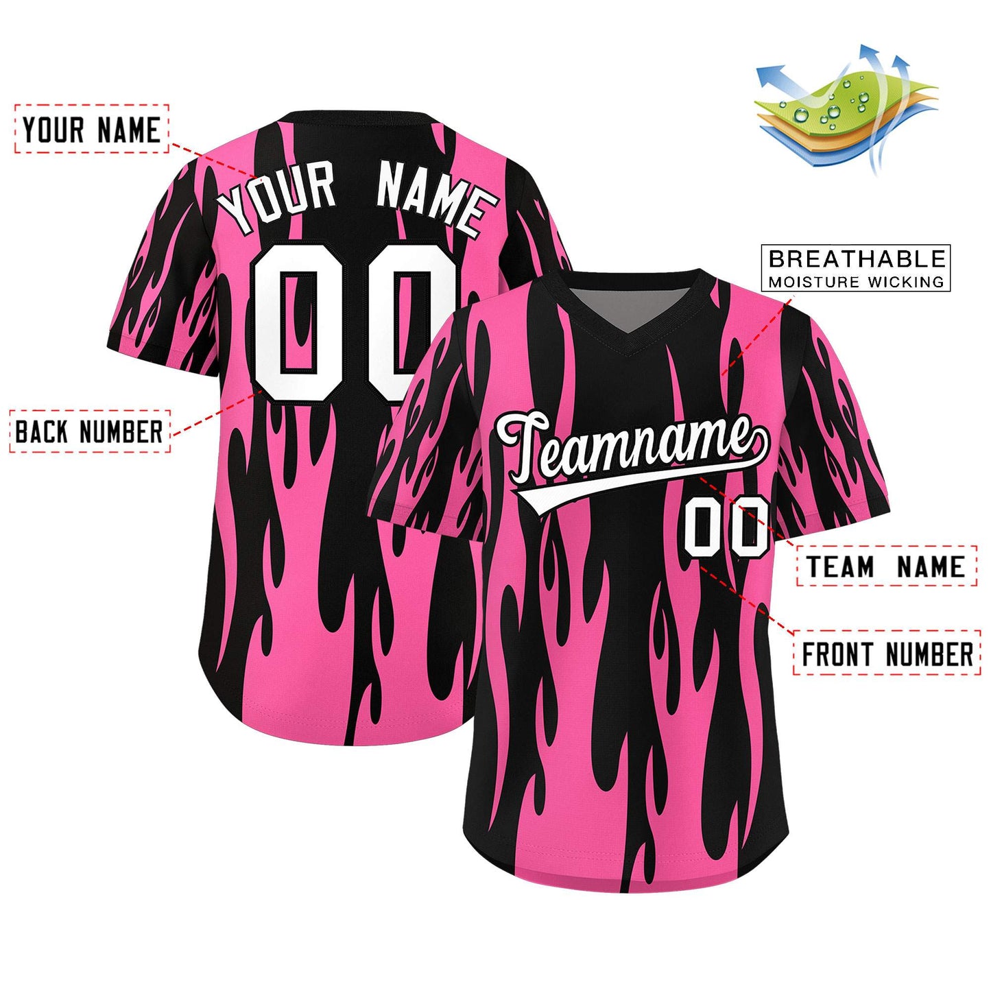 Custom Black Pink Flame Pattern Authentic Pullover Baseball Jersey Limited