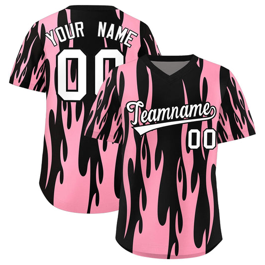Custom Black Light Pink Flame Pattern Authentic Pullover Baseball Jersey