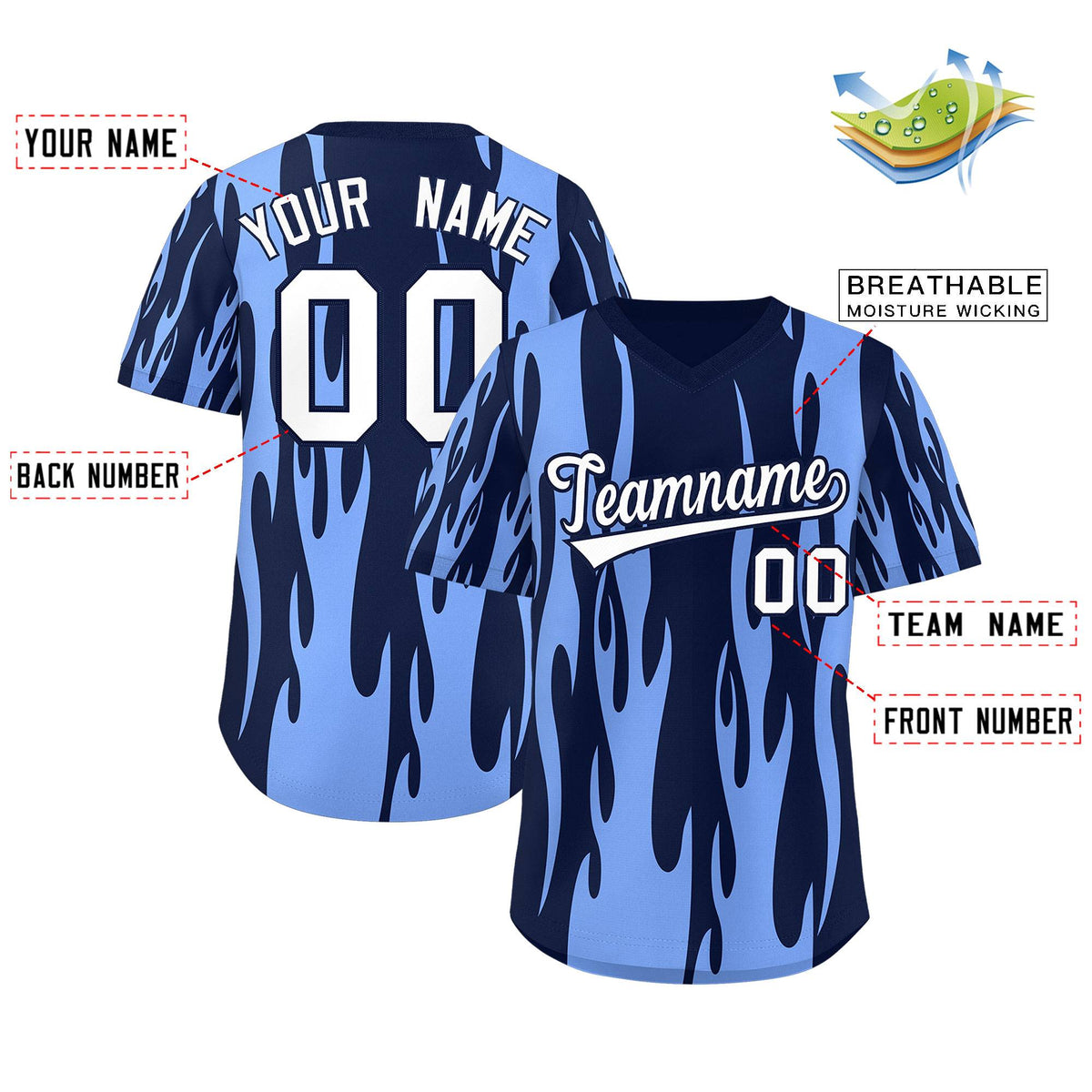 Custom Navy Light Blue Flame Pattern Authentic Pullover Baseball Jersey Limited