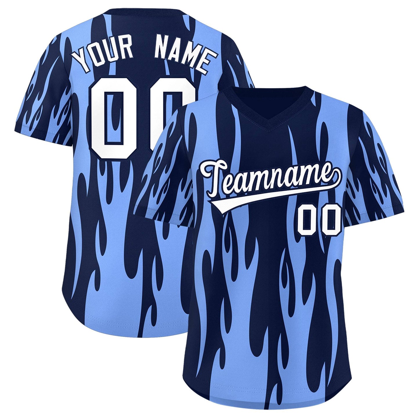 Custom Navy Light Blue Flame Pattern Authentic Pullover Baseball Jersey