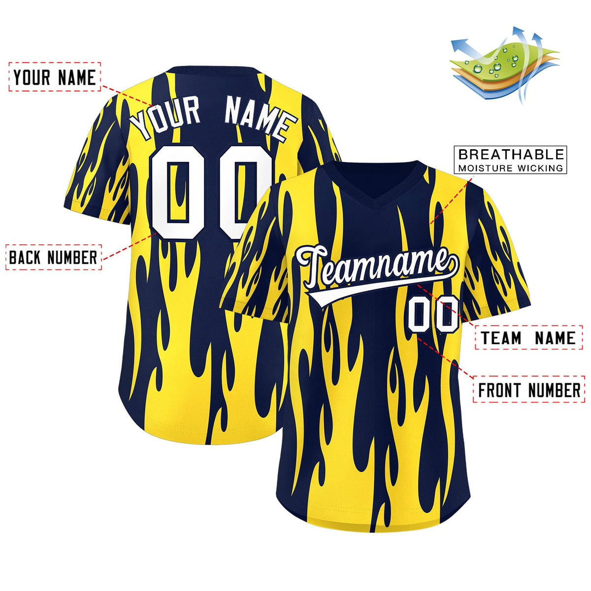 Custom Navy Gold Flame Pattern Authentic Pullover Baseball Jersey Limited