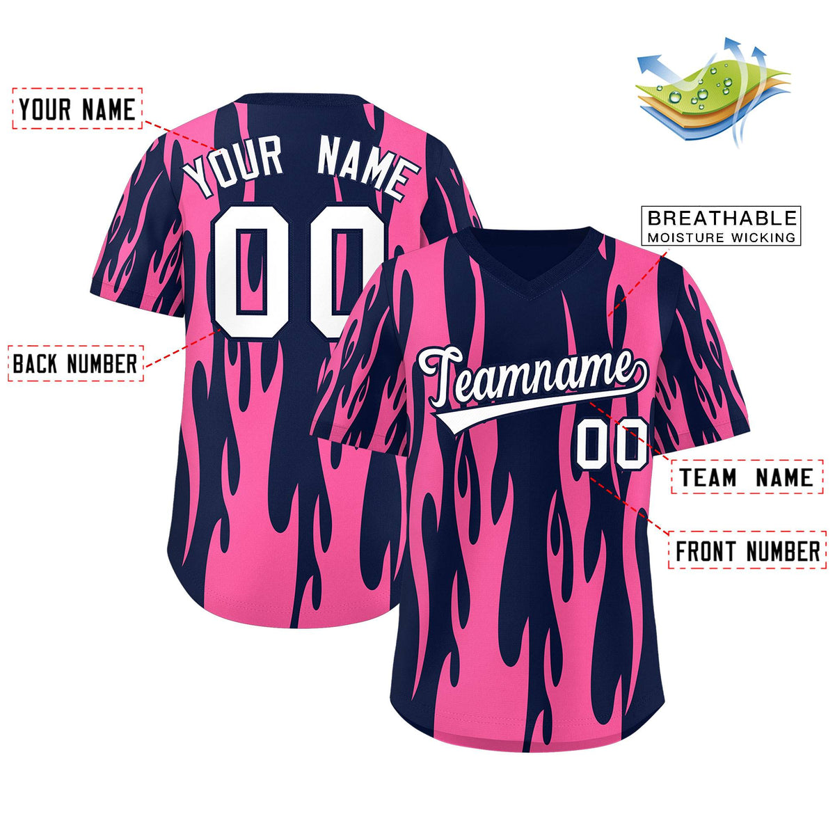Custom Navy Pink Flame Pattern Authentic Pullover Baseball Jersey Limited