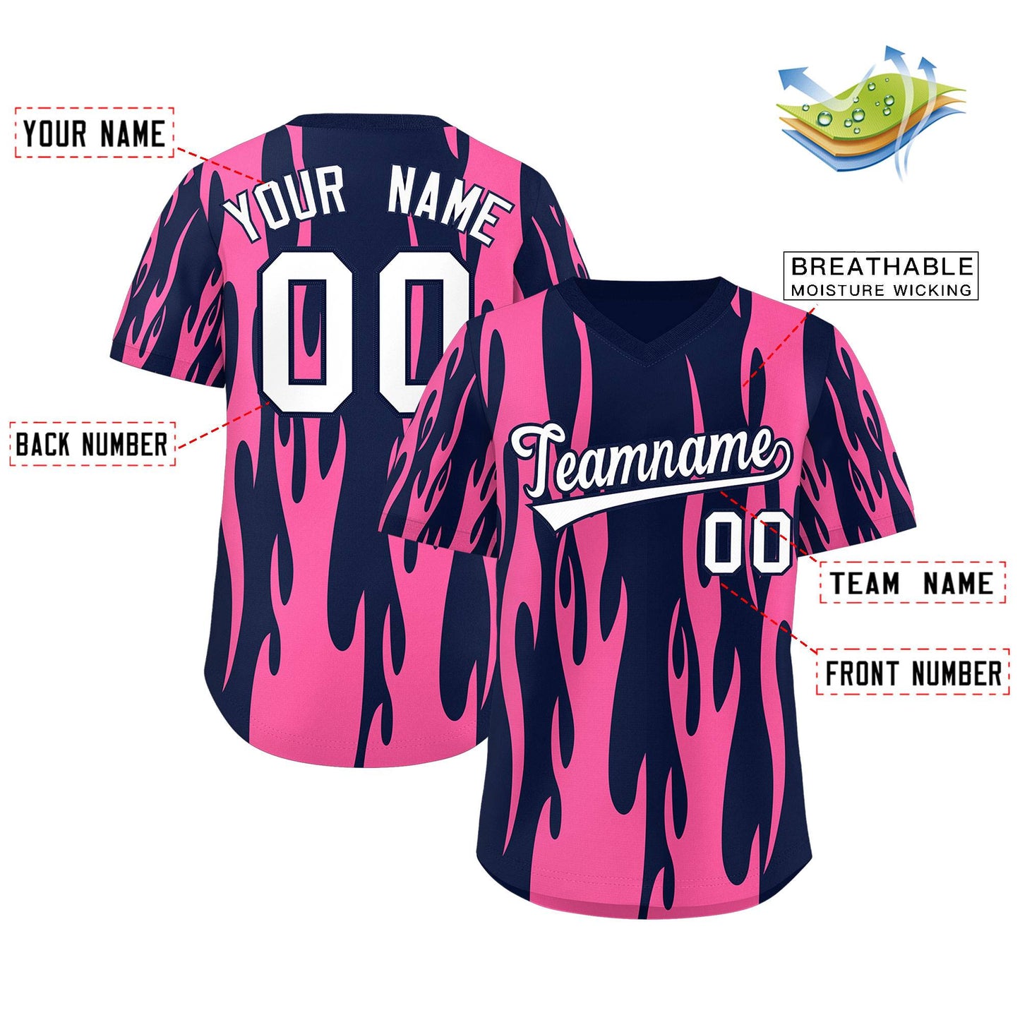 Custom Navy Pink Flame Pattern Authentic Pullover Baseball Jersey Limited