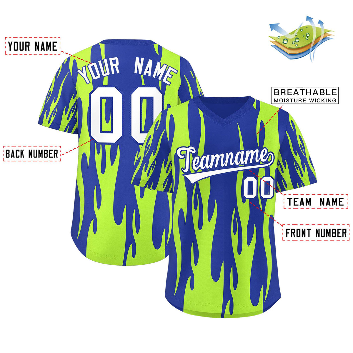 Custom Royal Neon Green Flame Pattern Authentic Pullover Baseball Jersey Limited