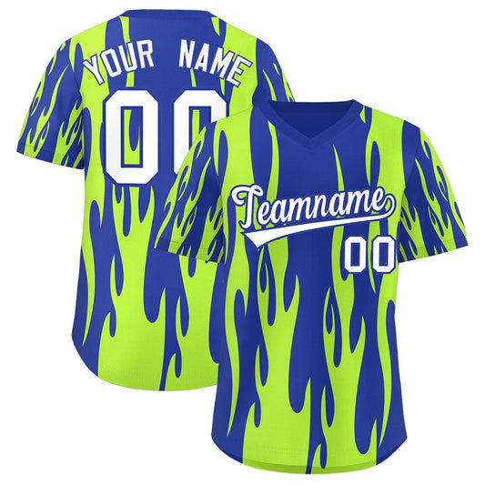 Custom Royal Neon Green Flame Pattern Authentic Pullover Baseball Jersey