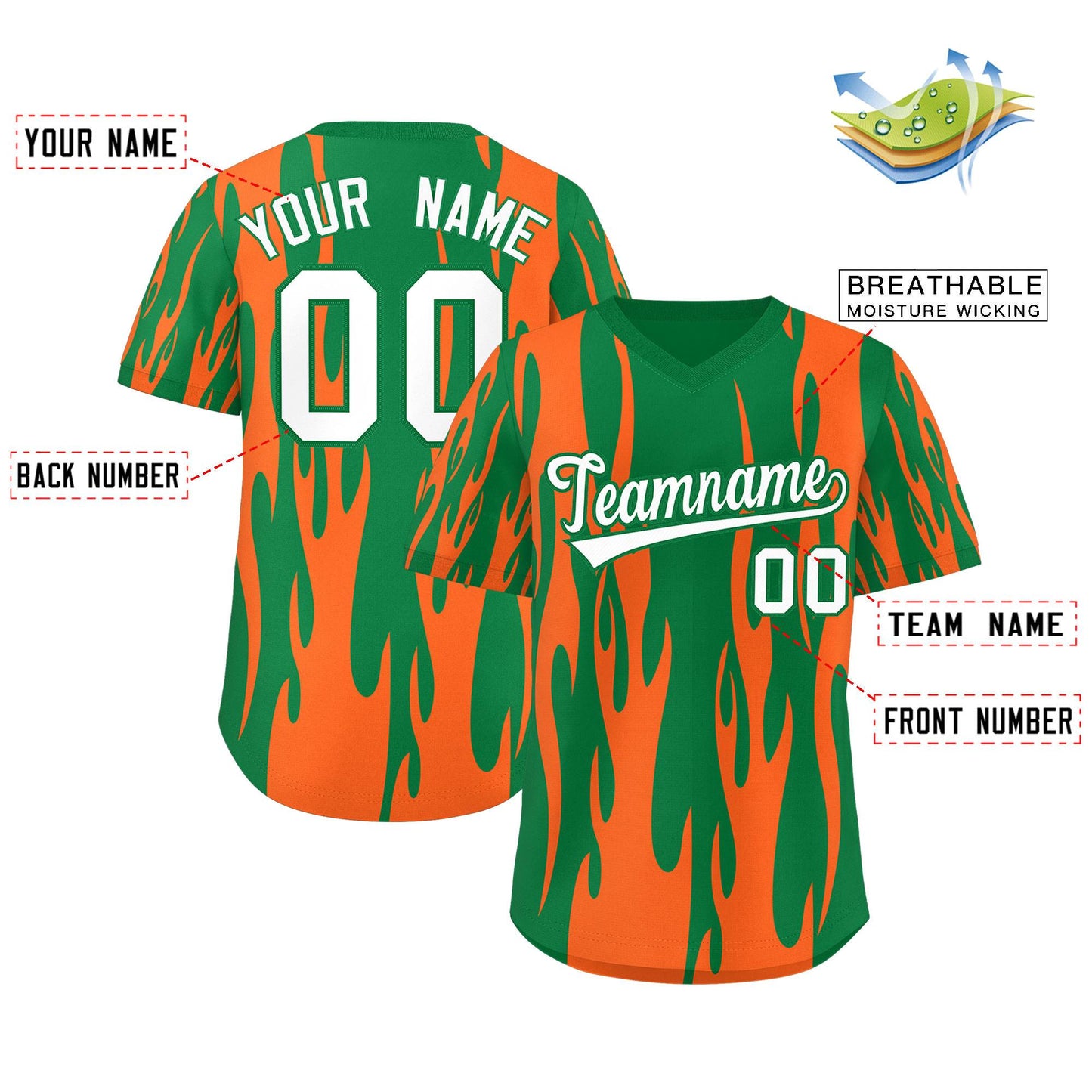 Custom Kelly Green Orange Flame Pattern Authentic Pullover Baseball Jersey Limited