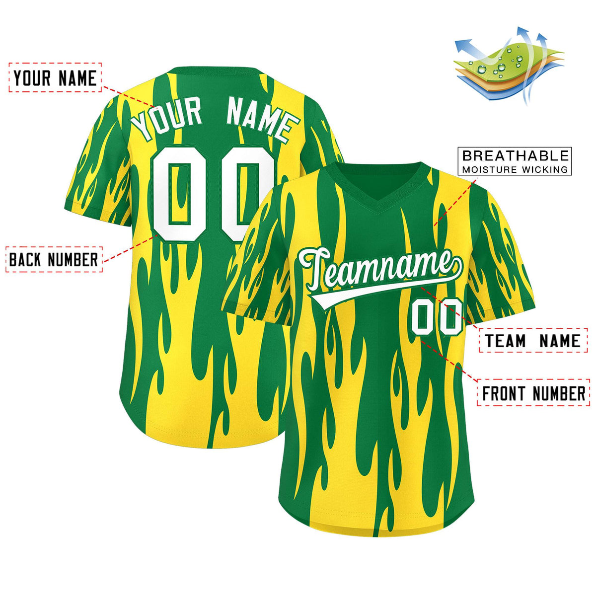 Custom Kelly Green Gold Flame Pattern Authentic Pullover Baseball Jersey Limited