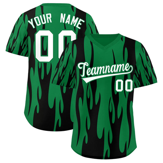 Custom Kelly Green Black Flame Pattern Authentic Pullover Baseball Jersey