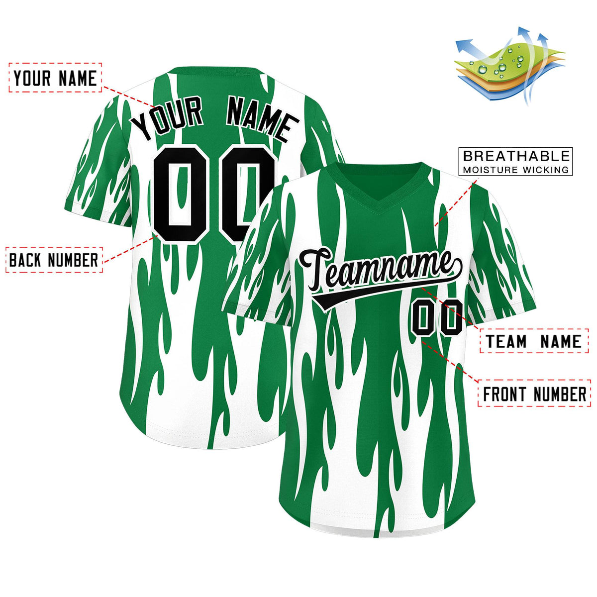 Custom Kelly Green White Flame Pattern Authentic Pullover Baseball Jersey Limited