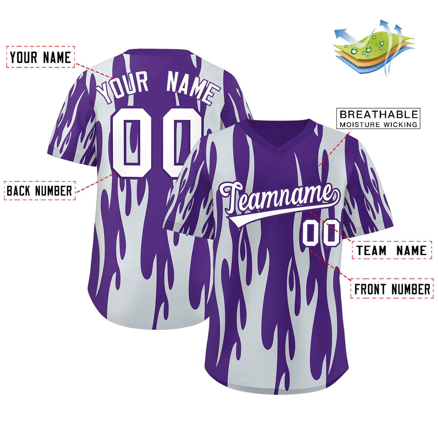 Custom Purple Silver Flame Pattern Authentic Pullover Baseball Jersey Limited