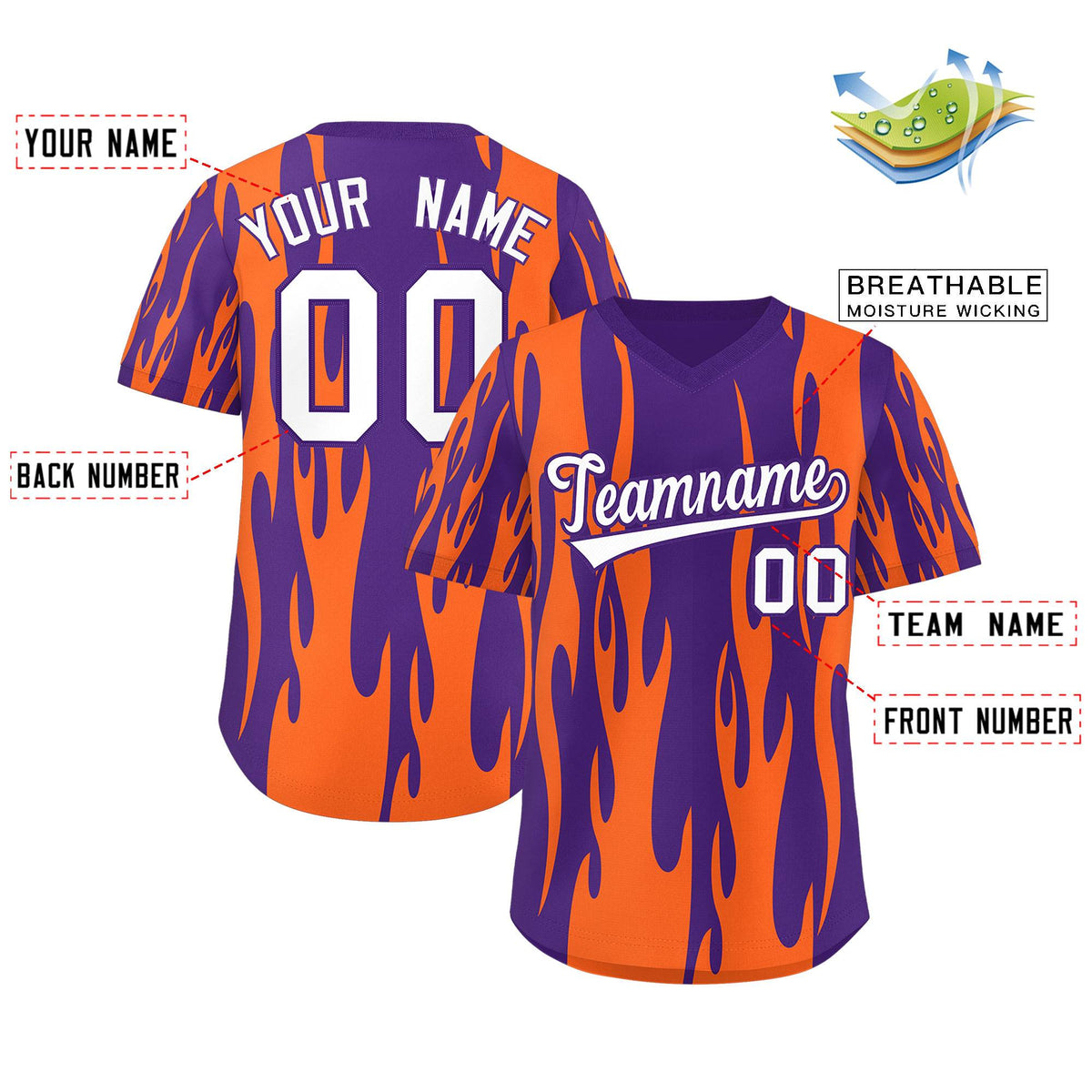 Custom Purple Orange Flame Pattern Authentic Pullover Baseball Jersey Limited