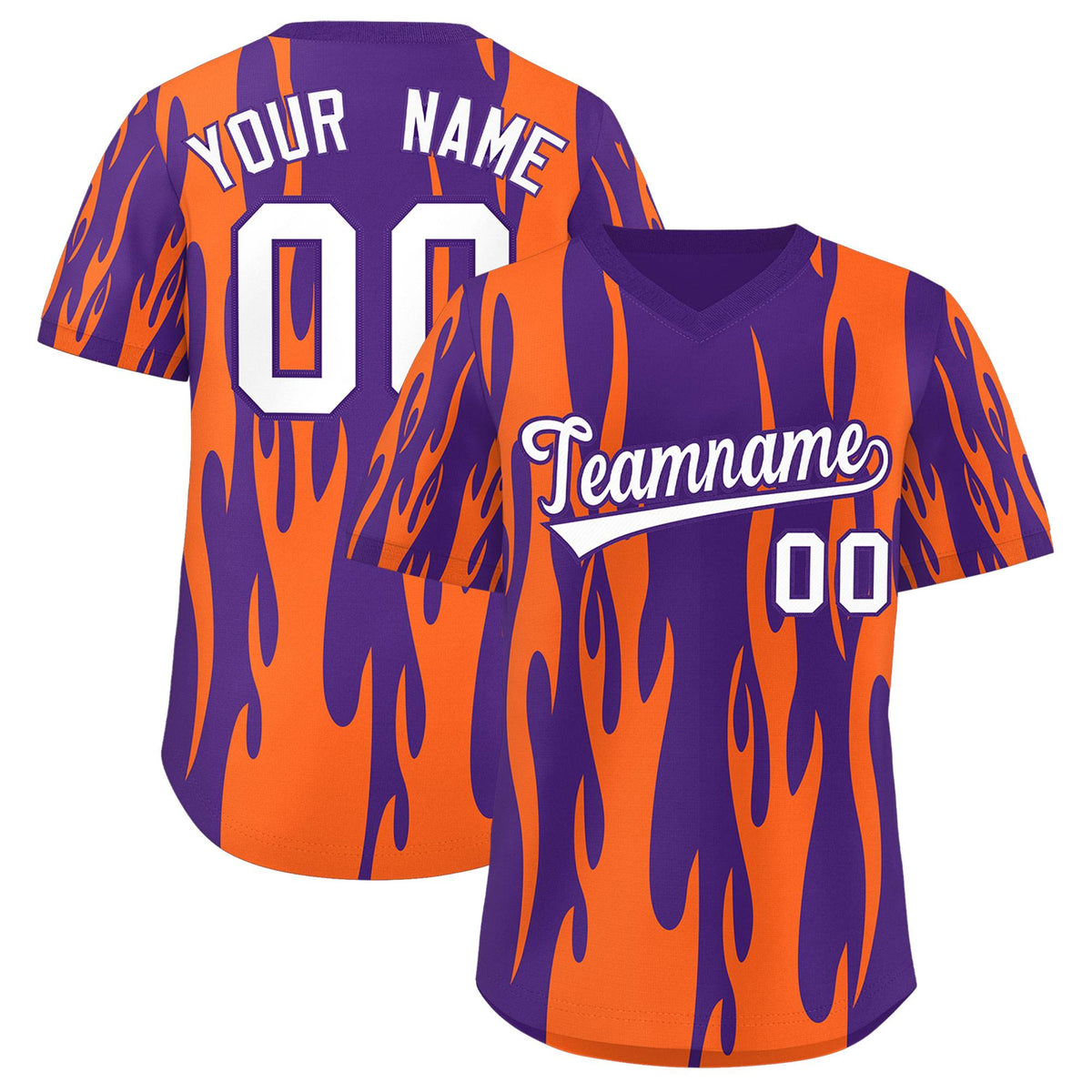 Custom Purple Orange Flame Pattern Authentic Pullover Baseball Jersey