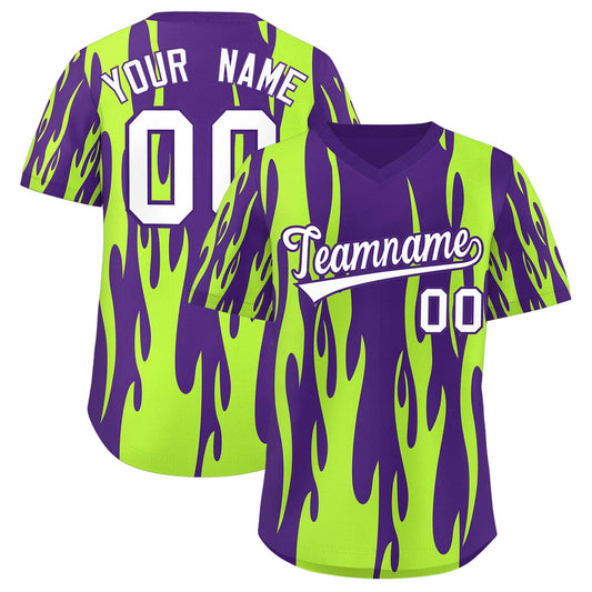 Custom Purple Neon Green Flame Pattern Authentic Pullover Baseball Jersey