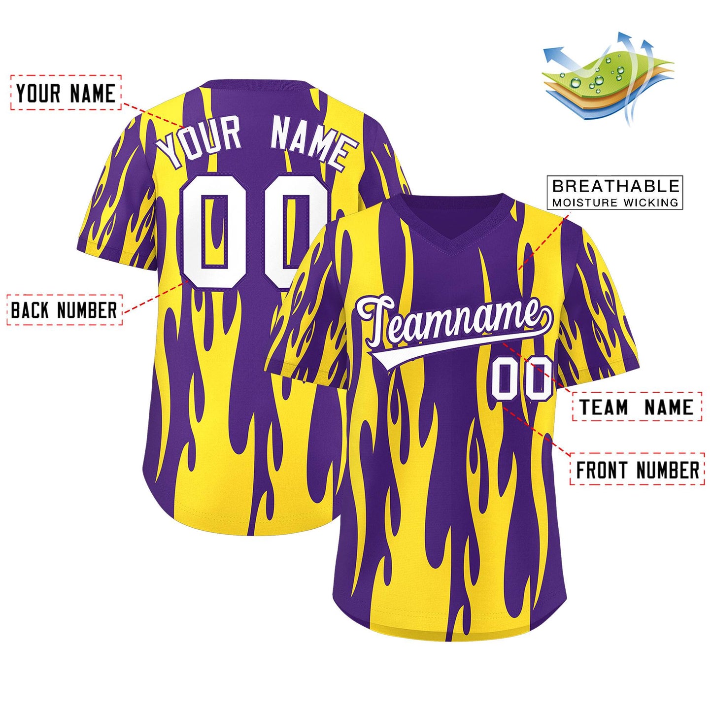 Custom Purple Gold Flame Pattern Authentic Pullover Baseball Jersey Limited