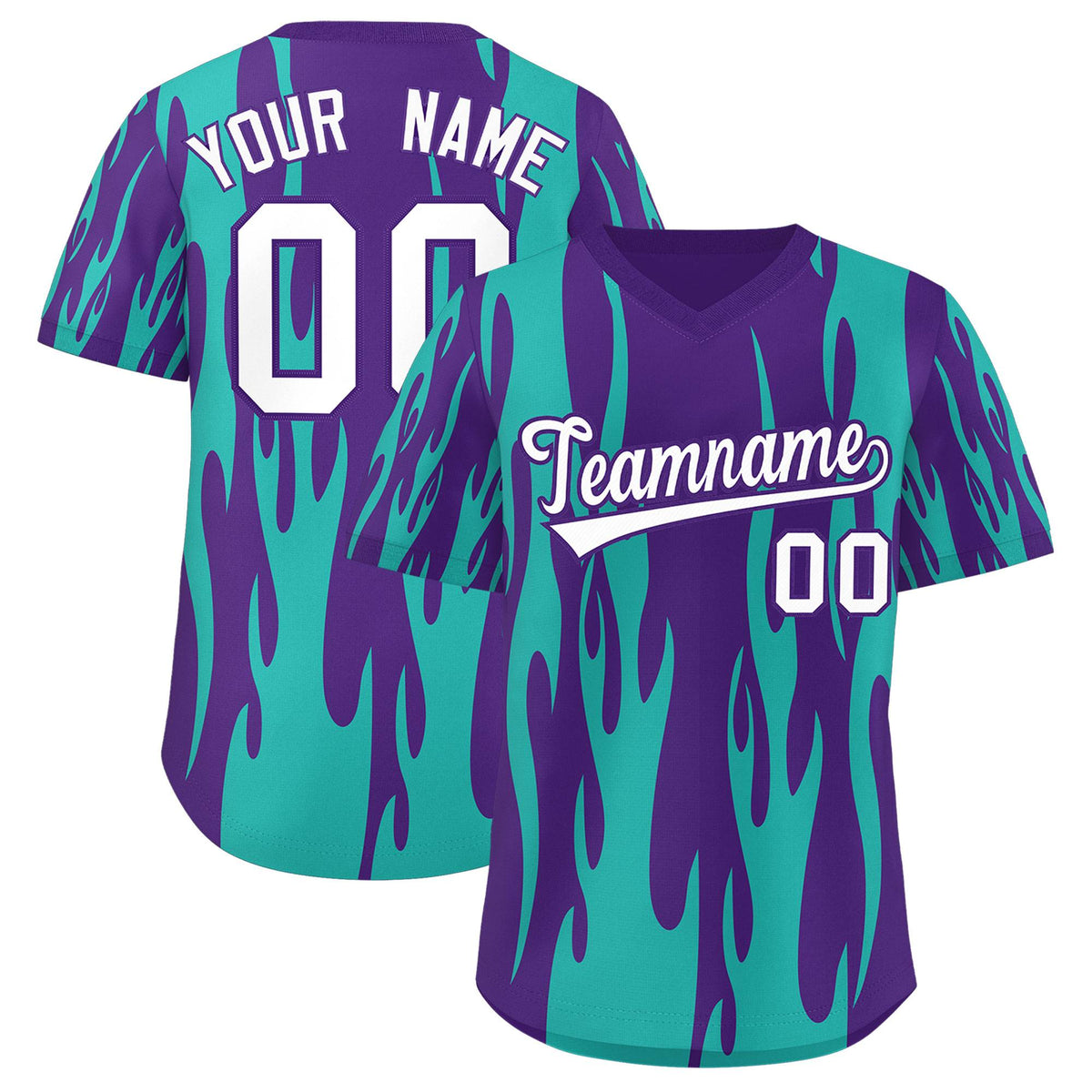 Custom Purple Aqua Flame Pattern Authentic Pullover Baseball Jersey
