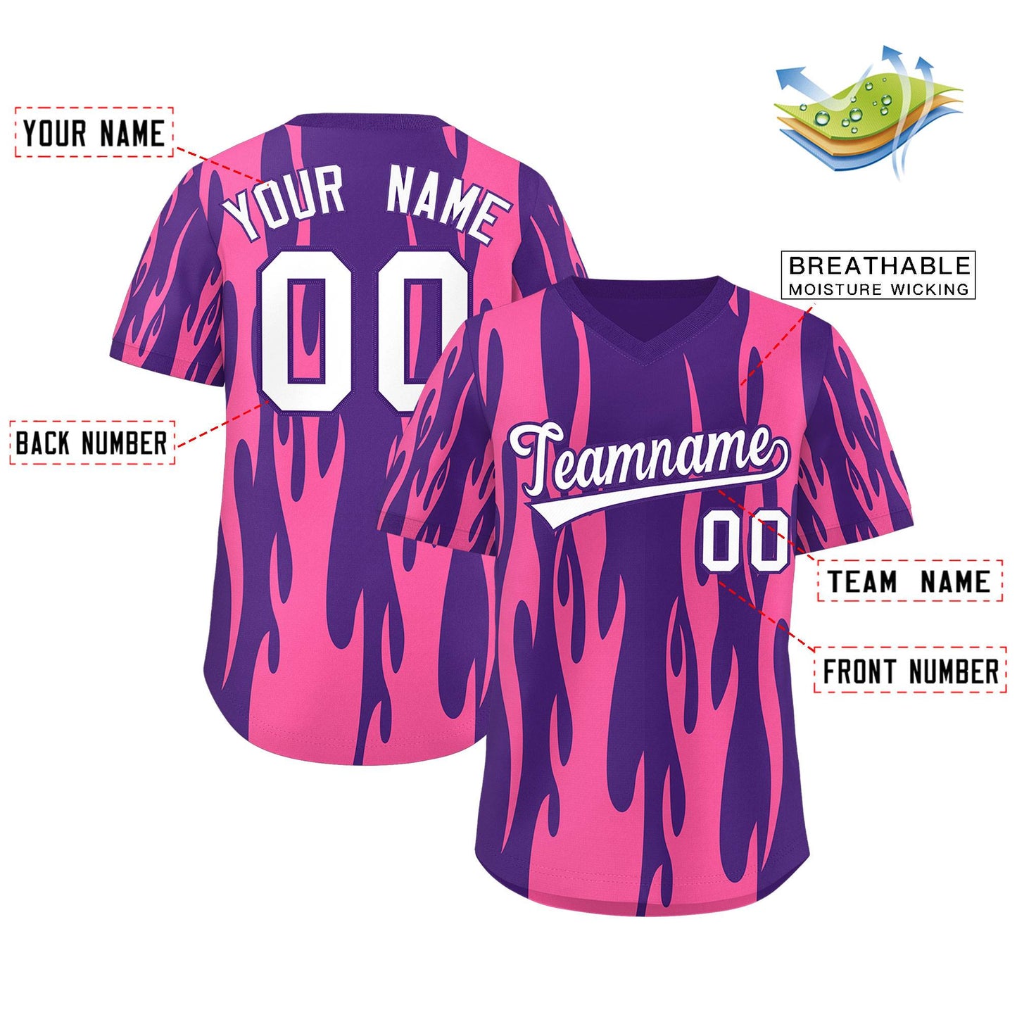 Custom Purple Pink Flame Pattern Authentic Pullover Baseball Jersey Limited