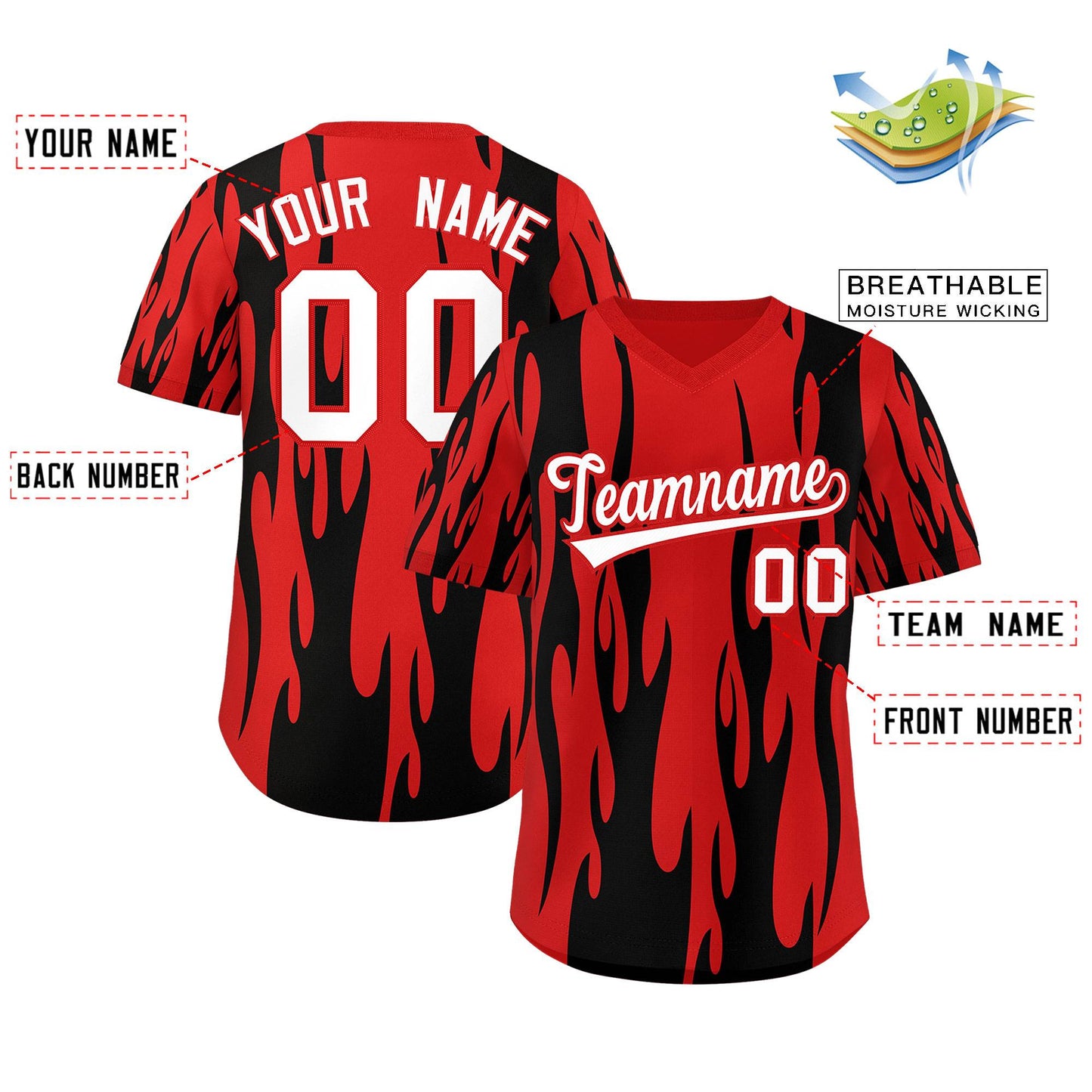 Custom Red Black Flame Pattern Authentic Pullover Baseball Jersey Limited