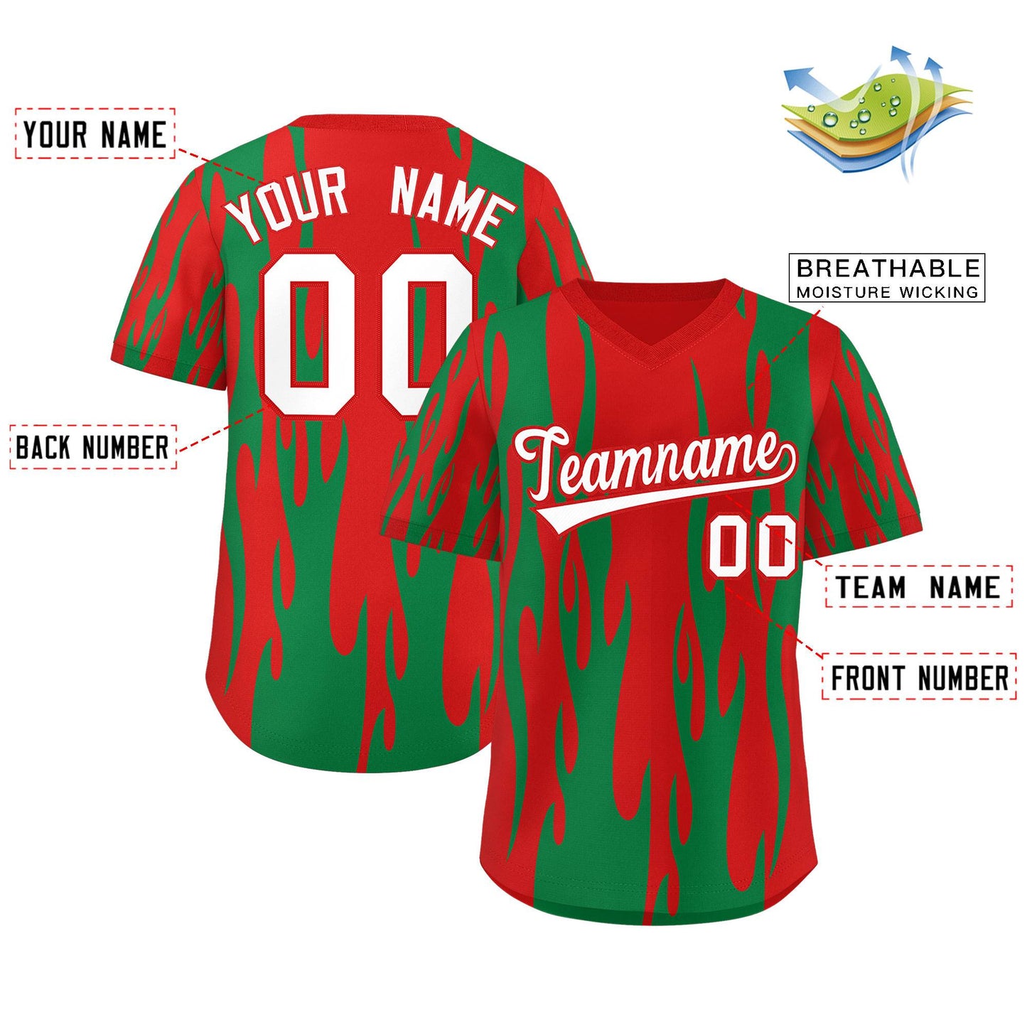 Custom Red Kelly Green Flame Pattern Authentic Pullover Baseball Jersey Limited