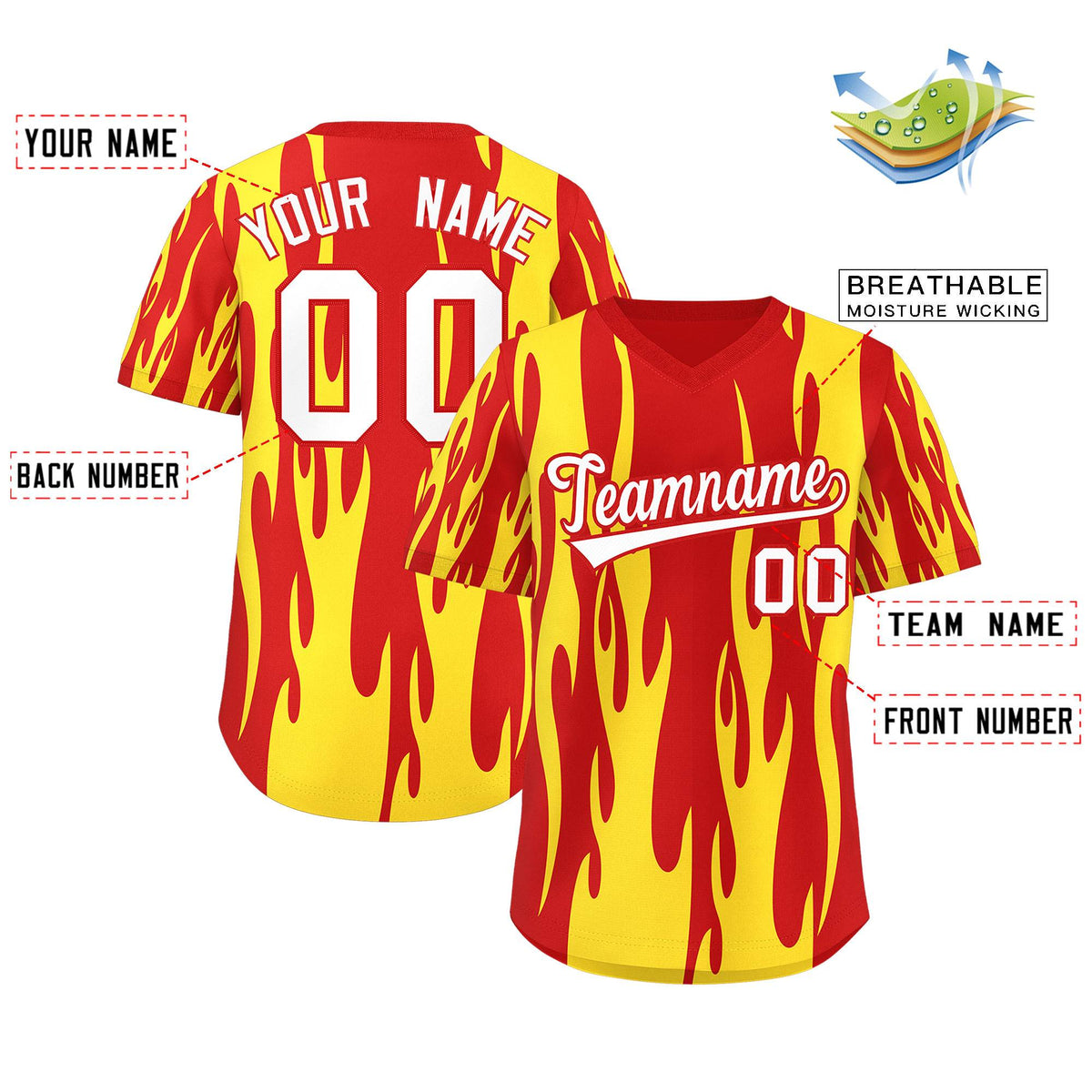 Custom Red Gold Flame Pattern Authentic Pullover Baseball Jersey Limited