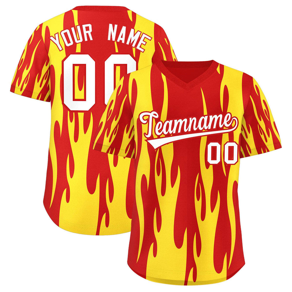 Custom Red Gold Flame Pattern Authentic Pullover Baseball Jersey
