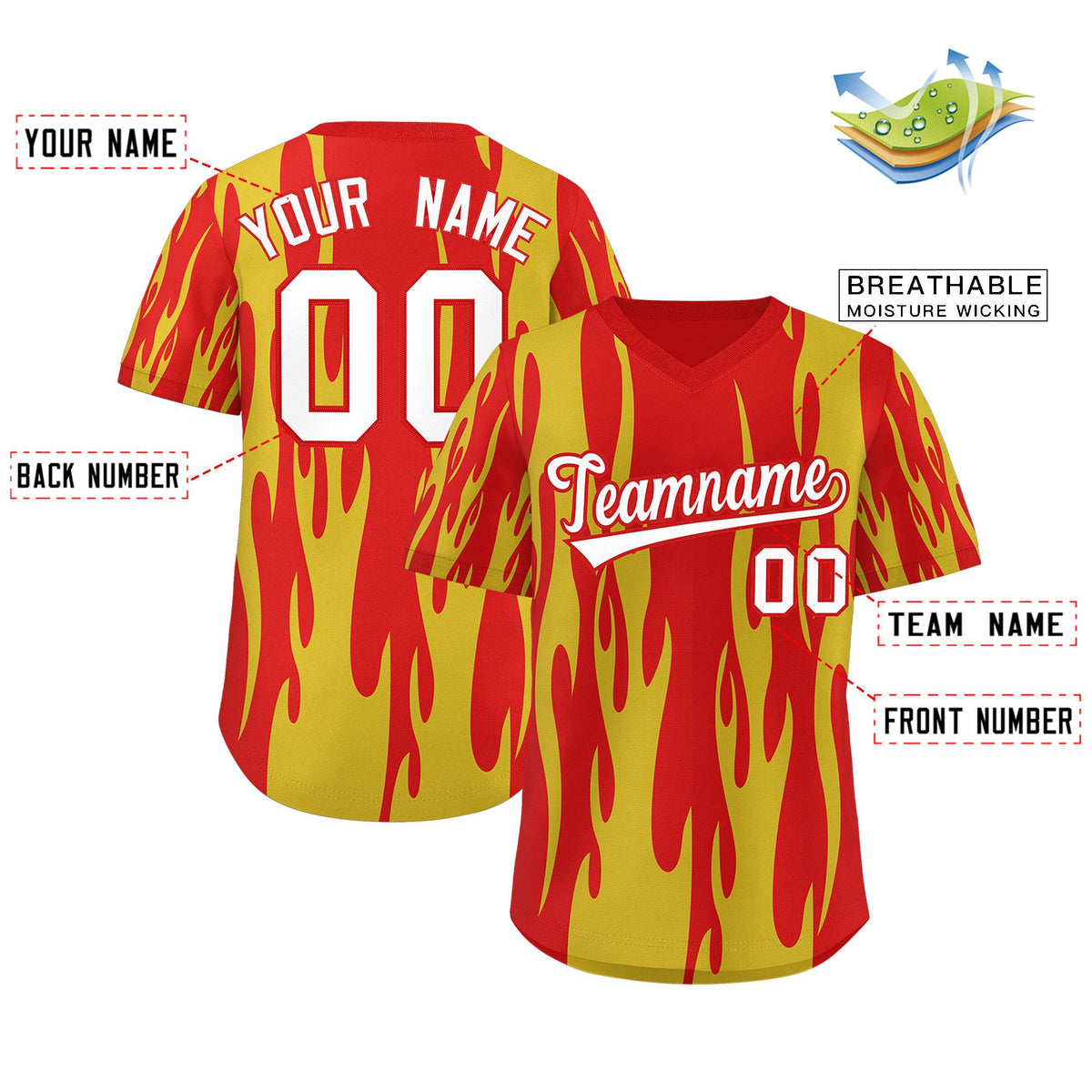 Custom Red Gold Flame Pattern Authentic Pullover Baseball Jersey Limited