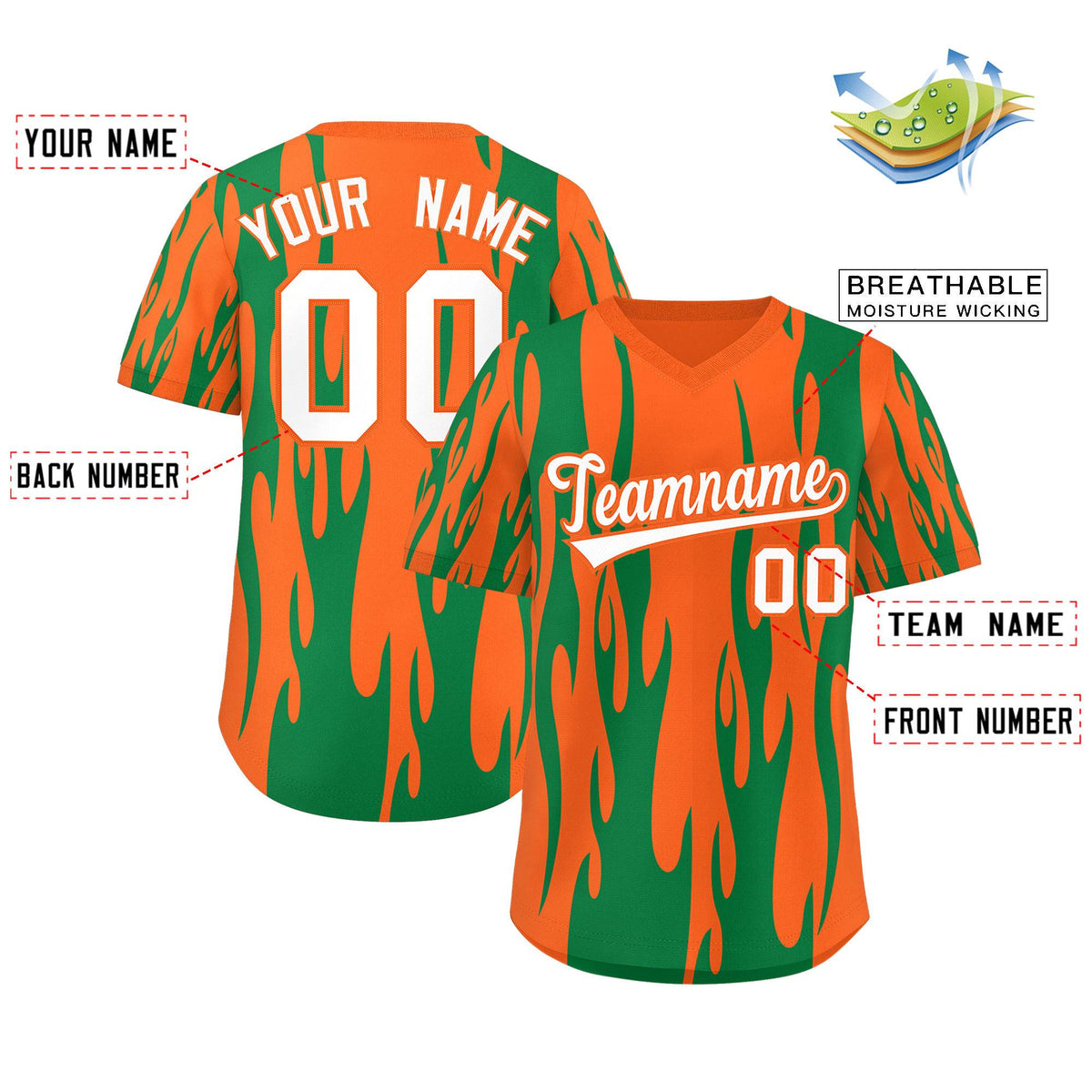 Custom Orange Kelly Green Flame Pattern Authentic Pullover Baseball Jersey Limited