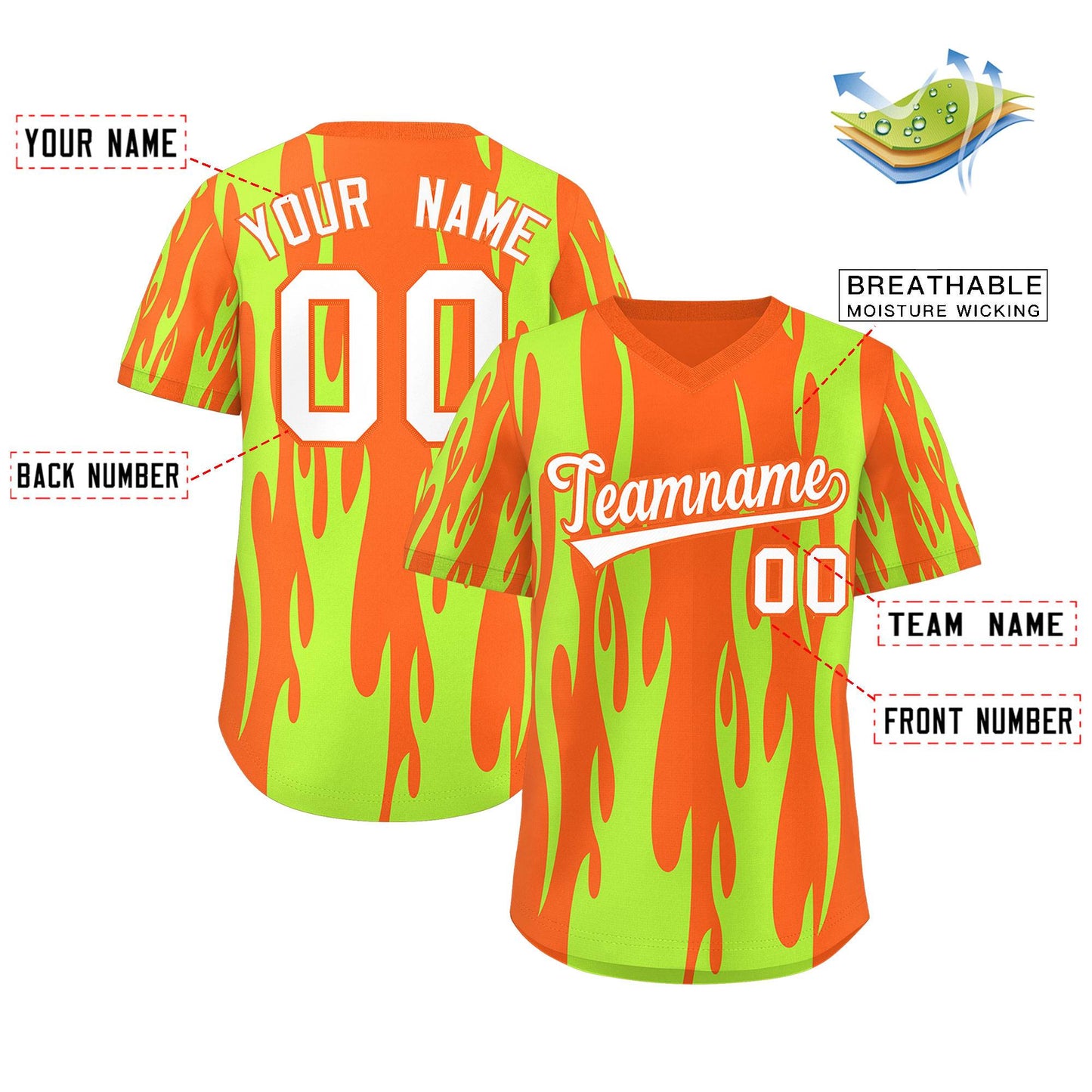 Custom Orange Neon Green Flame Pattern Authentic Pullover Baseball Jersey Limited
