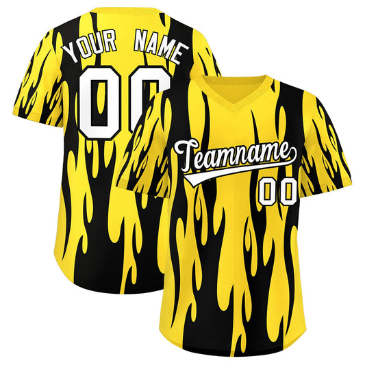 Custom Gold Black Flame Pattern Authentic Pullover Baseball Jersey