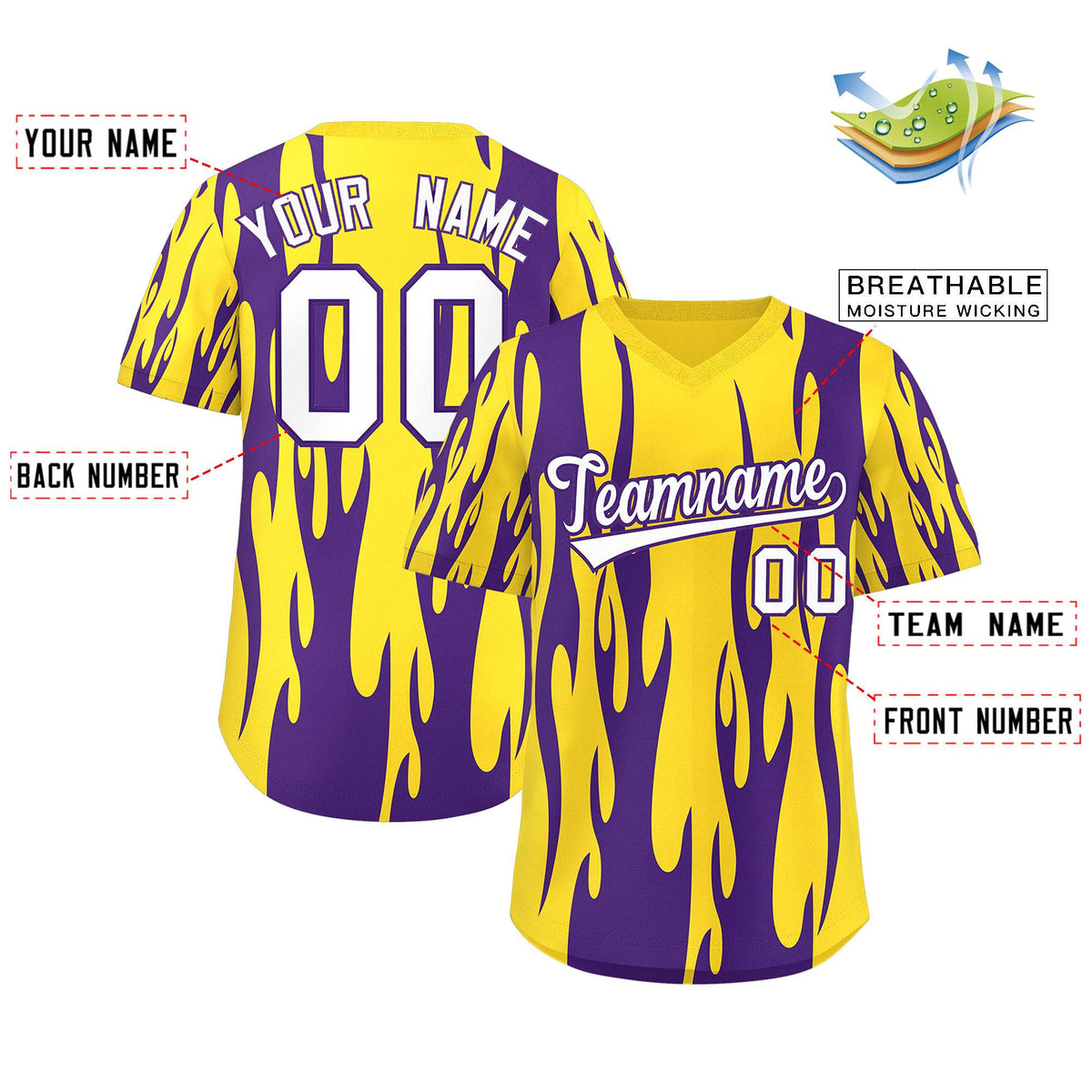 Custom Gold Purple Flame Pattern Authentic Pullover Baseball Jersey Limited