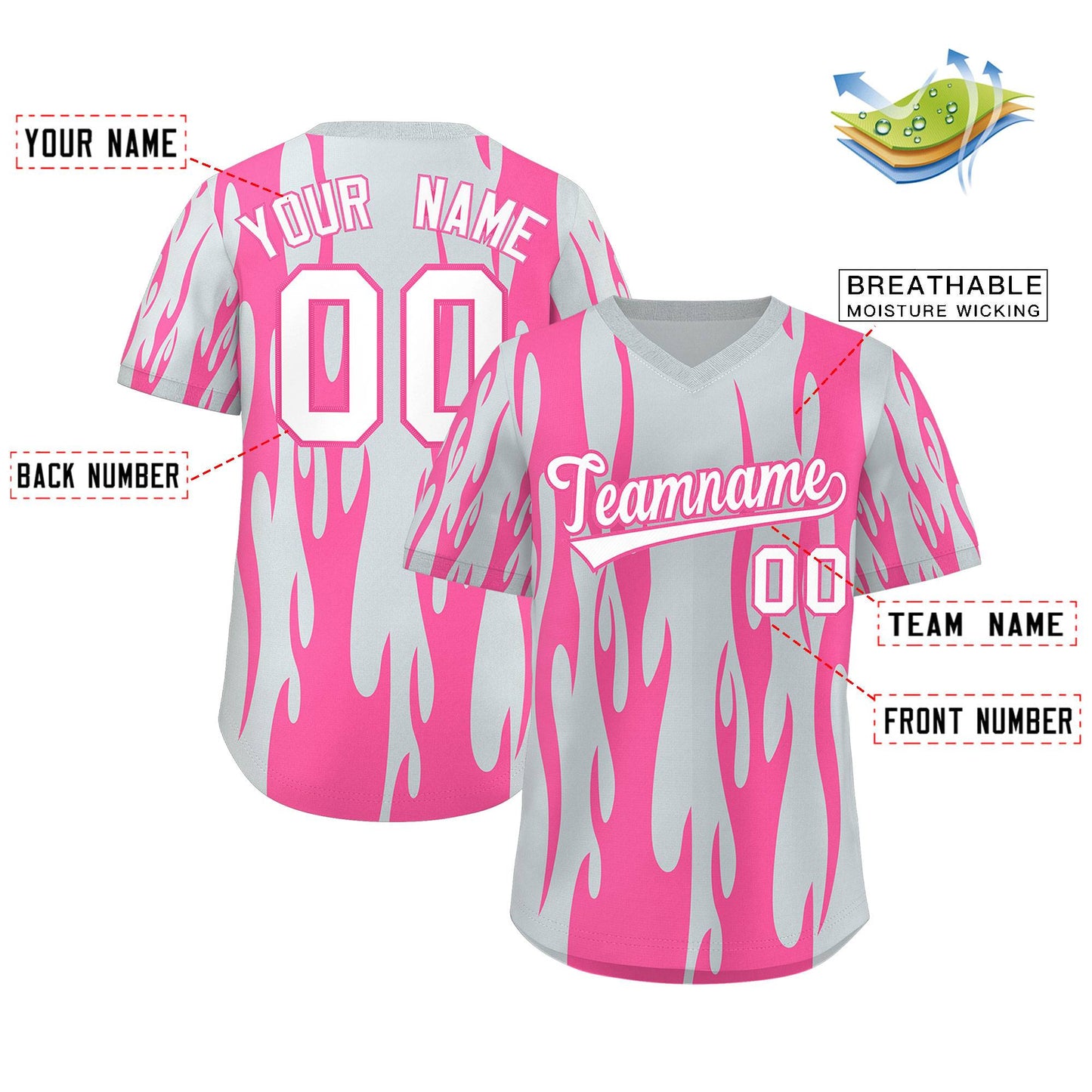 Custom Pink Silver Flame Pattern Authentic Pullover Baseball Jersey Limited
