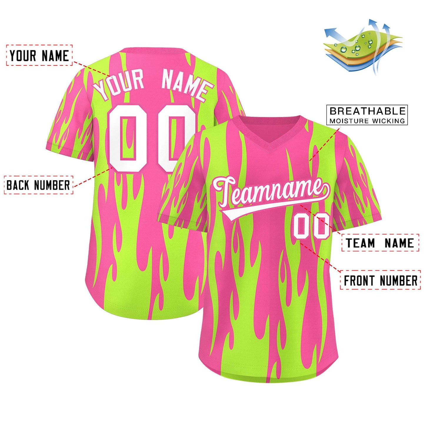 Custom Pink Neon Green Flame Pattern Authentic Pullover Baseball Jersey Limited